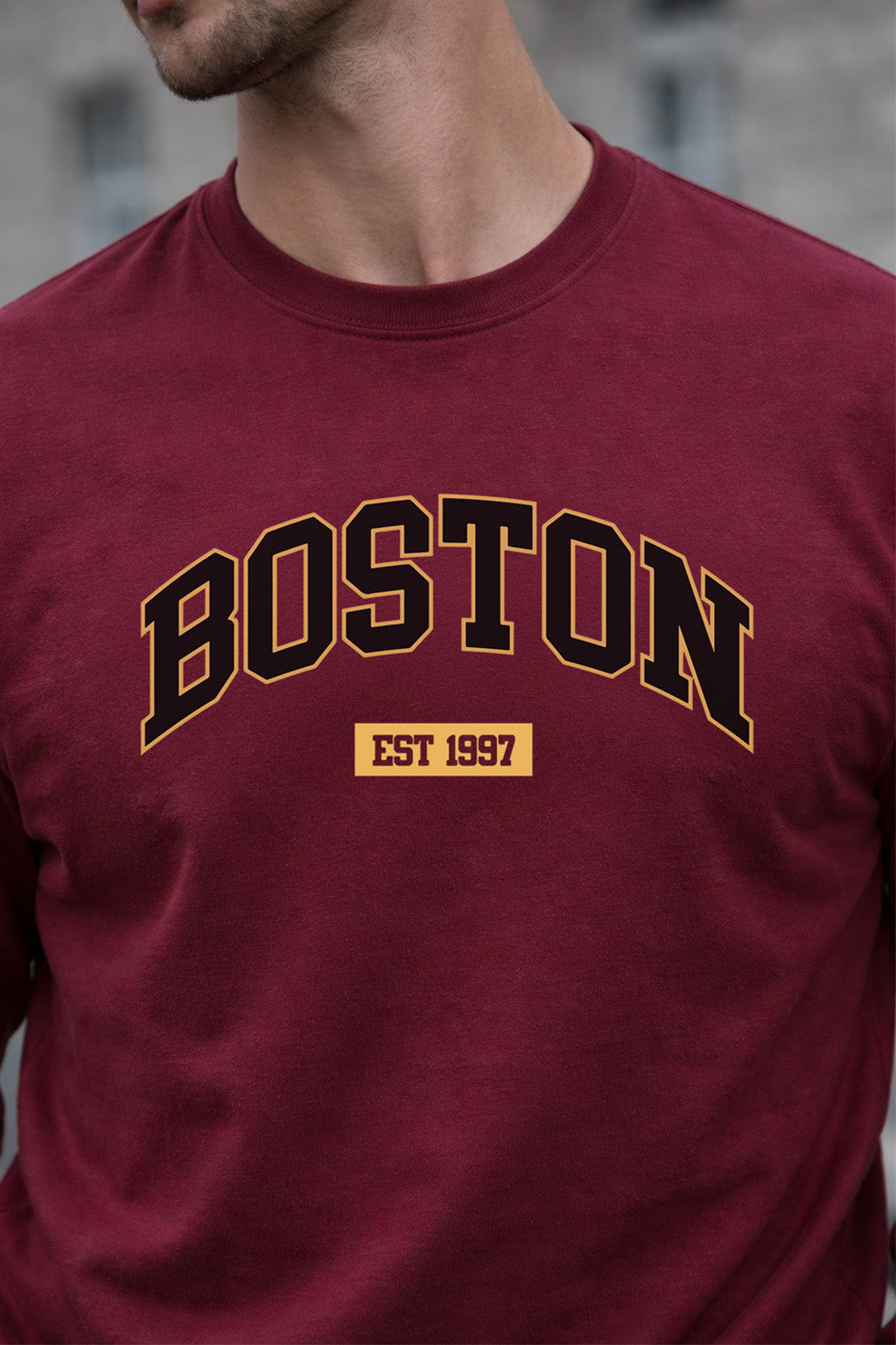 Boston Maroon Full Sleeves Regular Fit Printed T-shirt