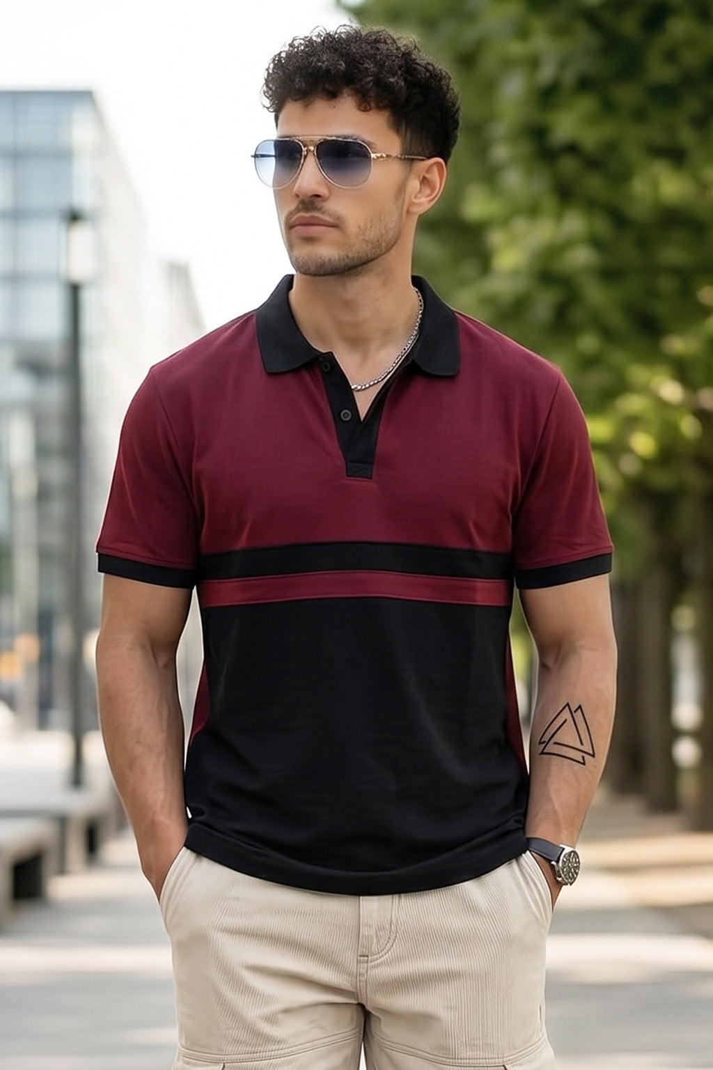 Black Maroon Colorblock Printed Regular Fit  Polo T-shirt