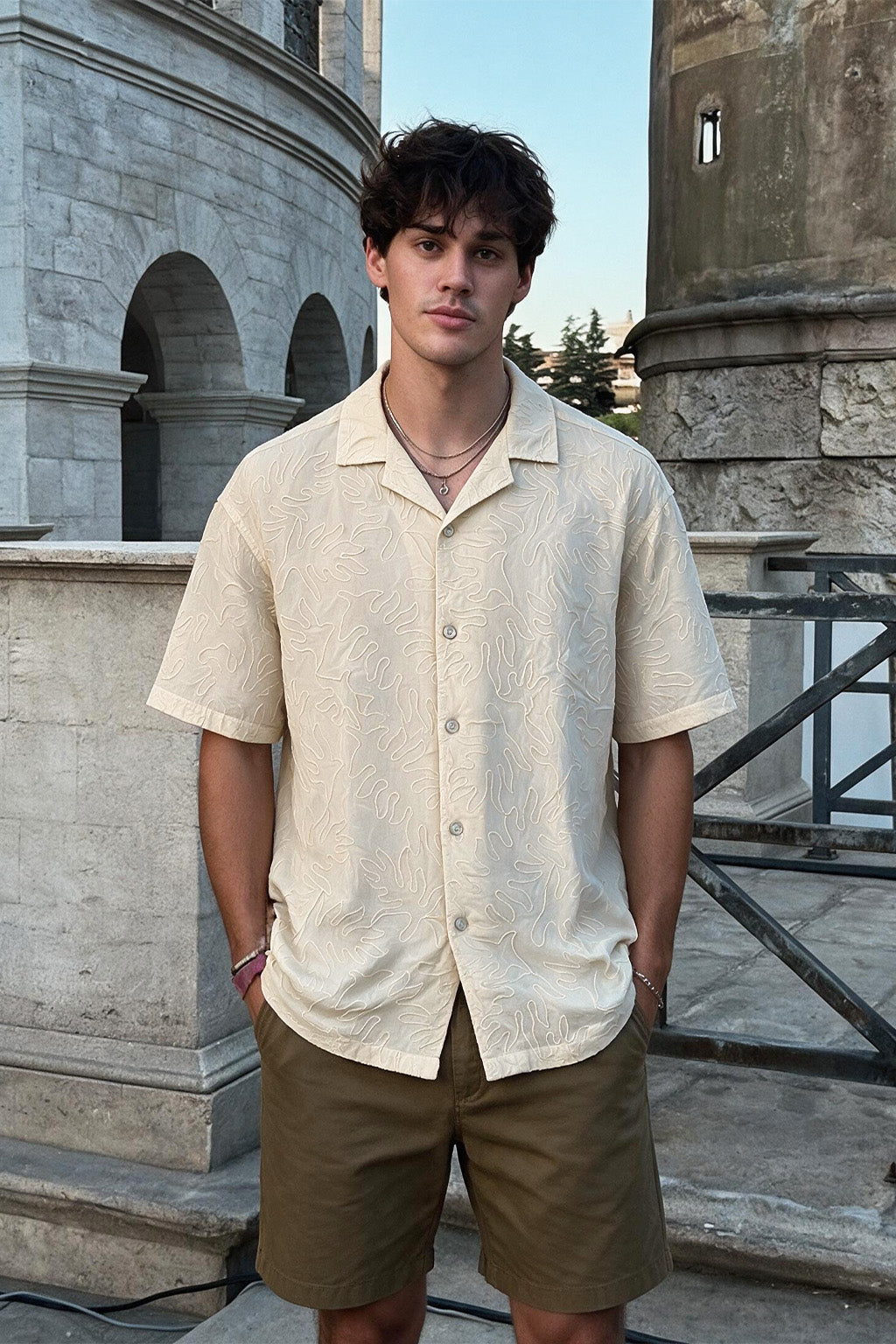 Pearl Embroidery Beige All Over Printed Oversized Exclusive Shirt