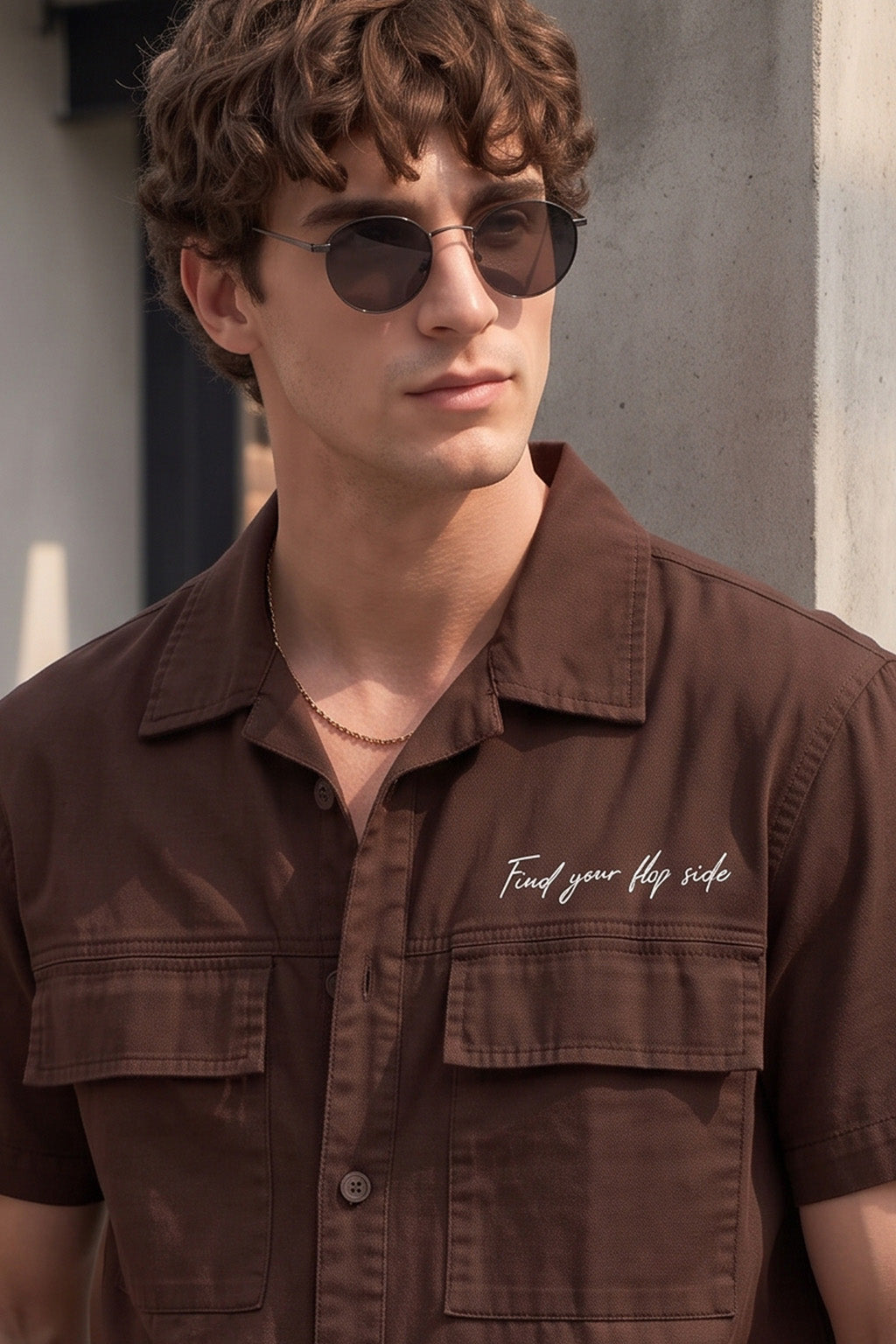Brown Utility Twill Cropped Short-Sleeve Exclusive Shirt