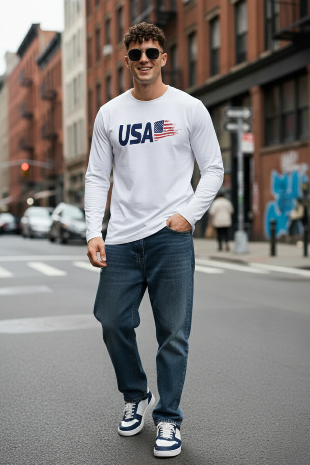 USA White Full Sleeves Regular Fit Printed T-shirt