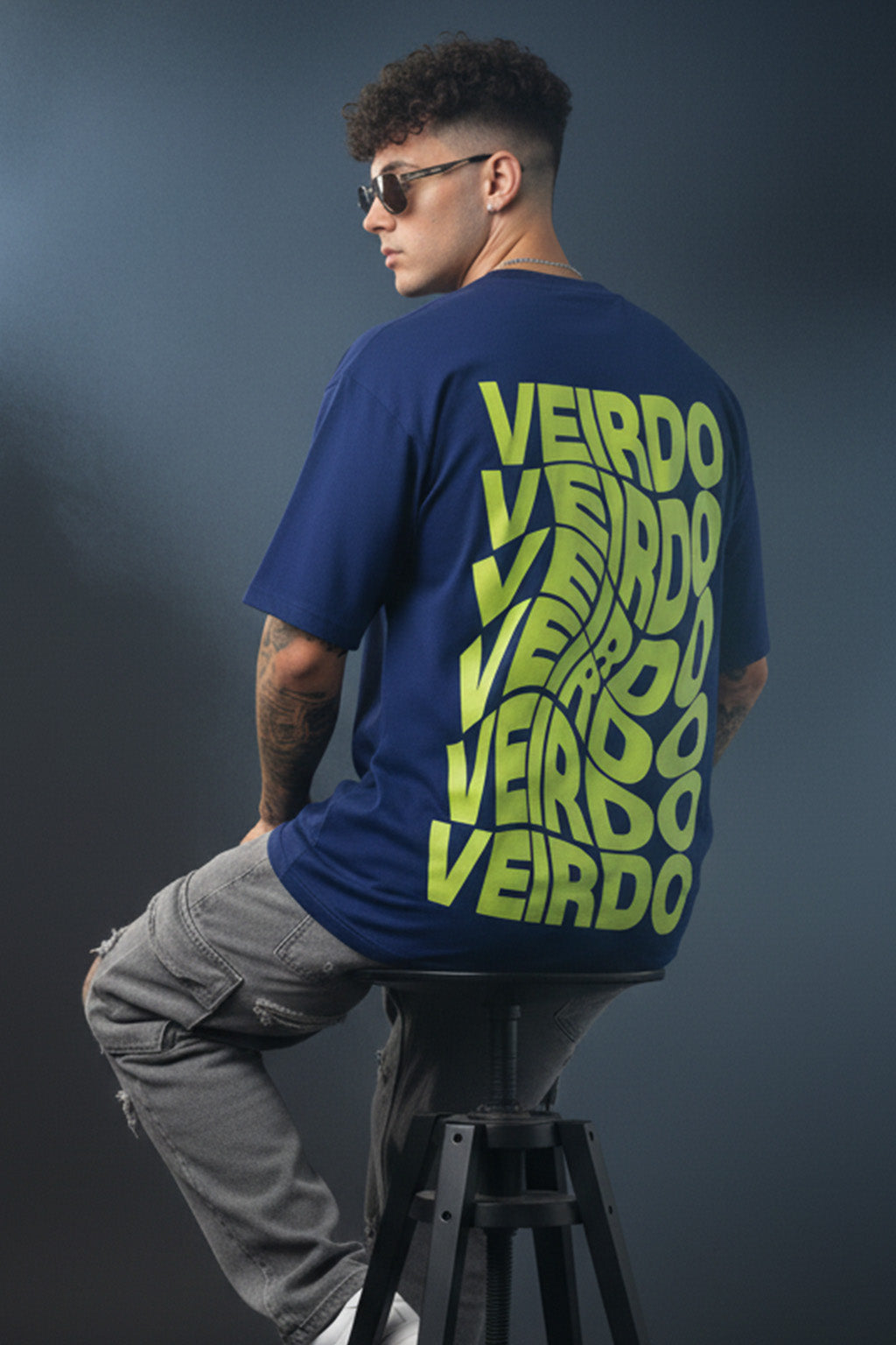 Veirdo Blue Oversized Back Graphic Printed T-shirt