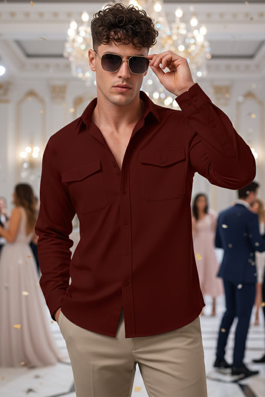 Maroon Plain Relaxed Fit Full Sleeve Dual Pocket Utility Exclusive Shirt