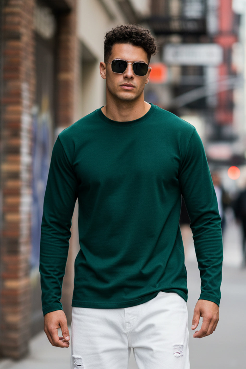 Green Plain Full Sleeves Regular Fit T-shirt