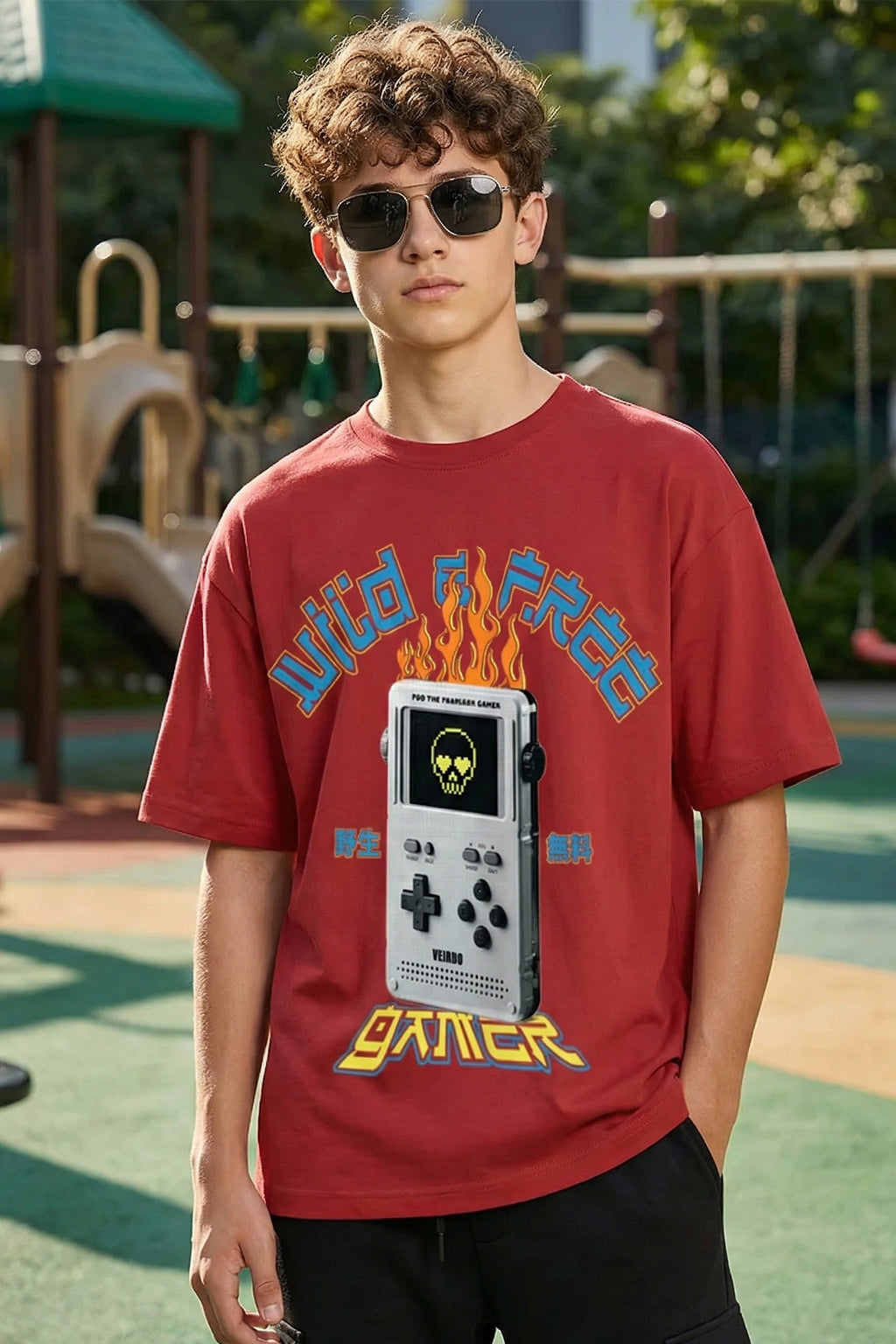 Wild Free Red Oversized Graphic Printed Boys T-shirt