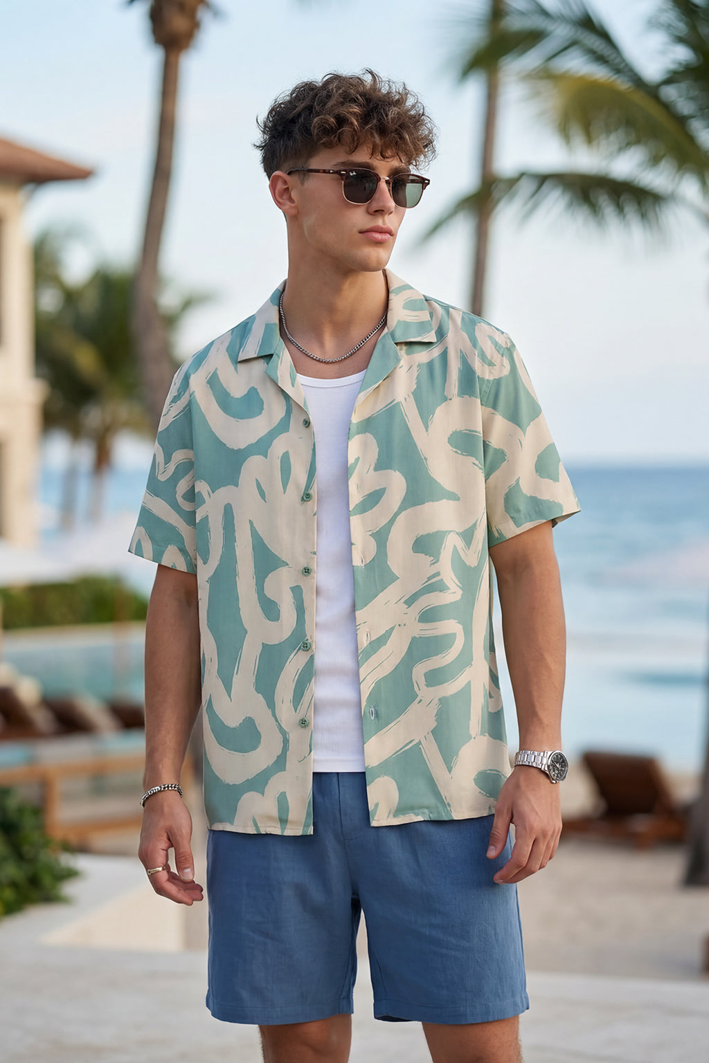 Coastal Canvas Beige All Over Print Oversized Exclusive Shirt