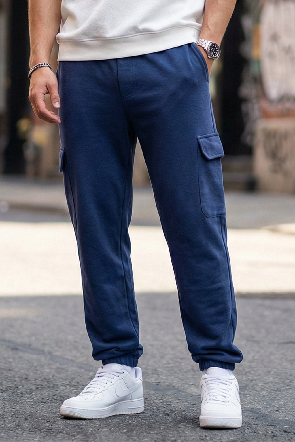 Navy Solid Baggy Fit Cargo Joggers