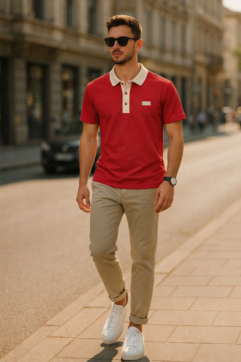 Red Contrast Collar Economic Regular Fit Pique Polo