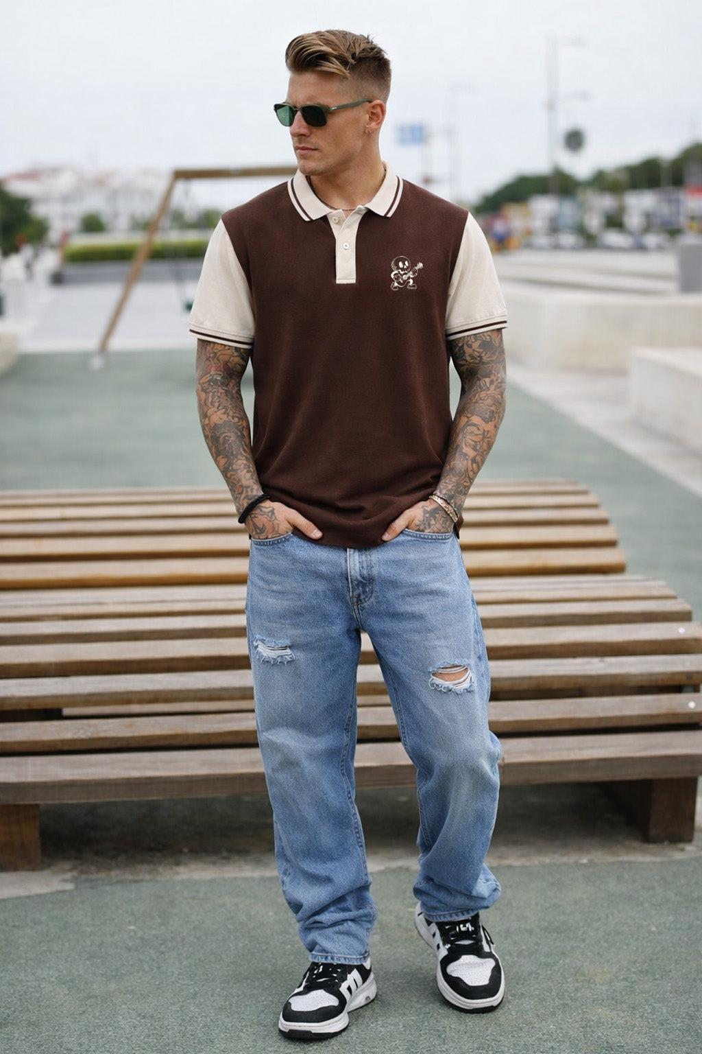 Guitar Brown Contrast Stripped Collar Economic Regular Fit Pique Polo