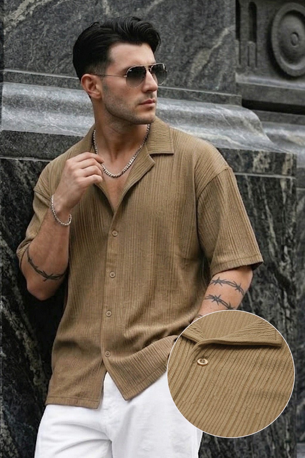 Khaki Textured Plain Oversized Exclusive Shirt