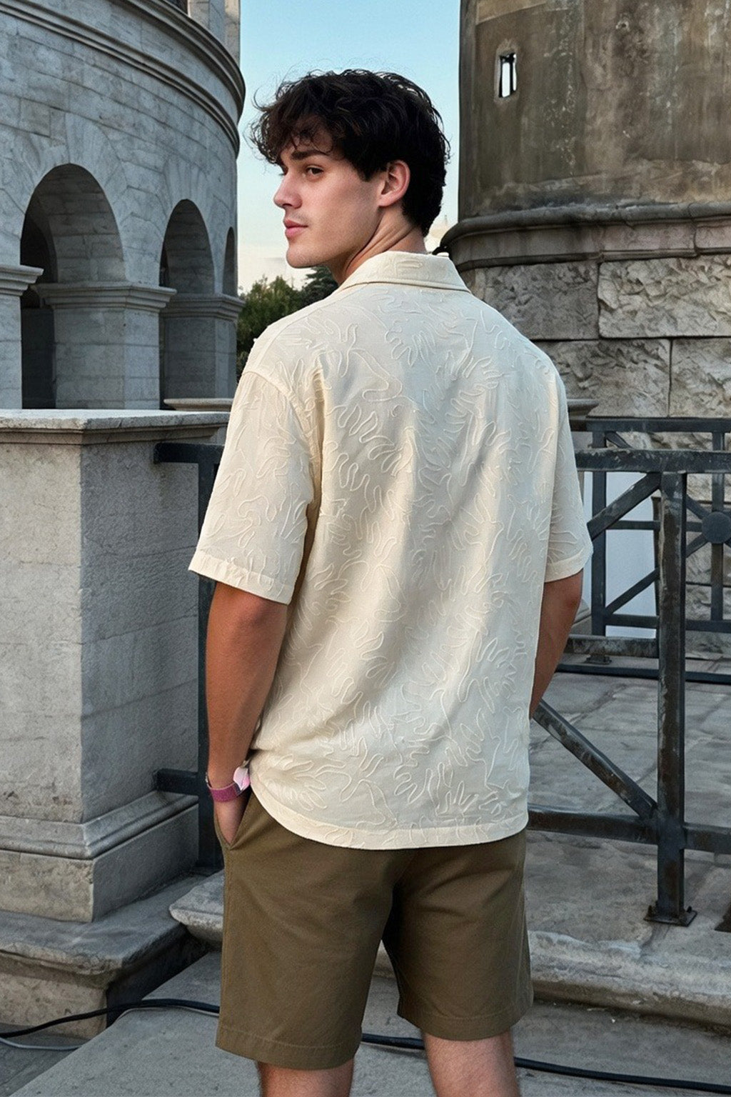 Pearl Embroidery Beige All Over Printed Oversized Exclusive Shirt