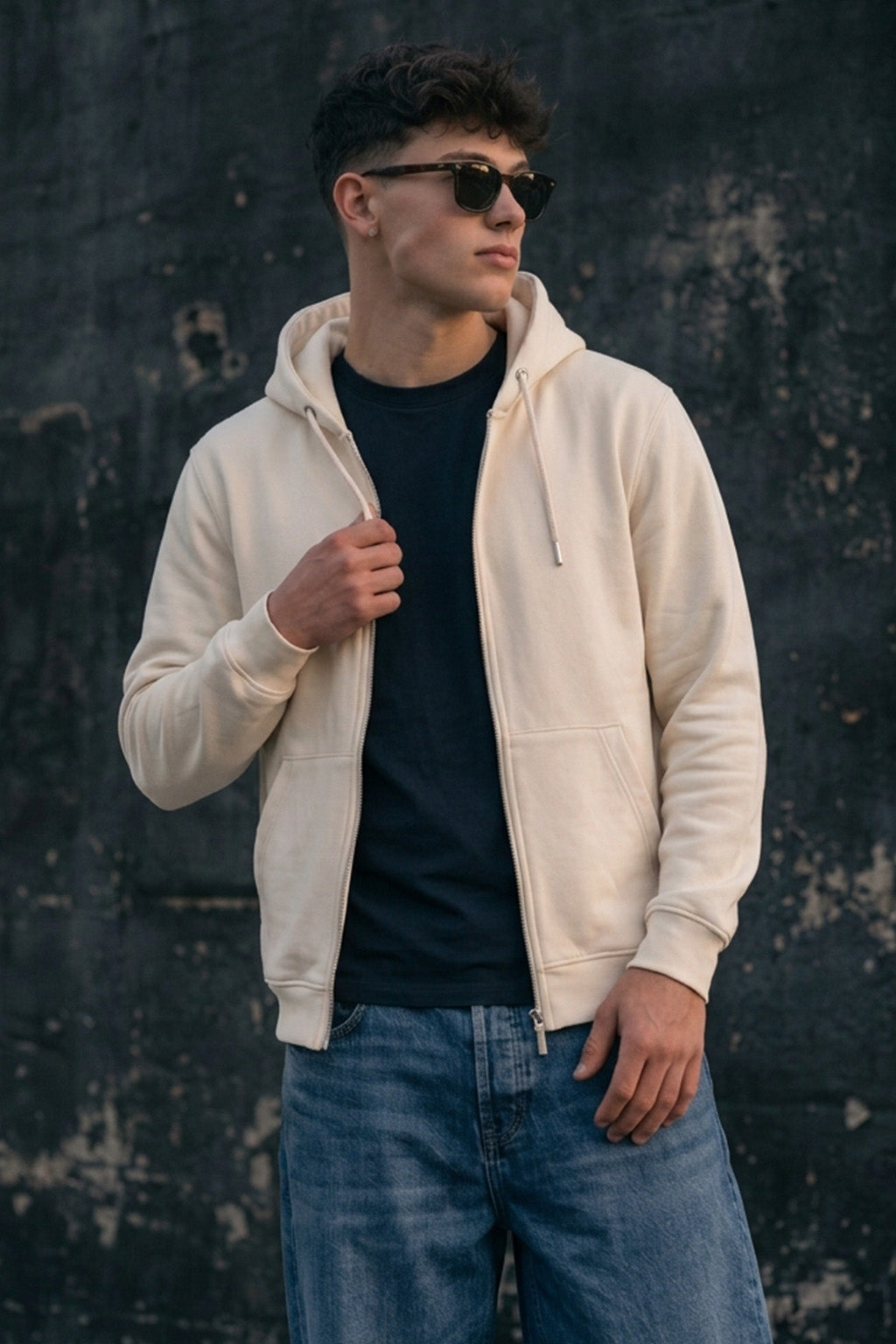 Beige Ribbed Cuff Regular Fit Zip-Up Hoodie