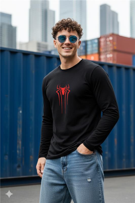 Spider Black Full Sleeves Regular Fit Printed T-shirt
