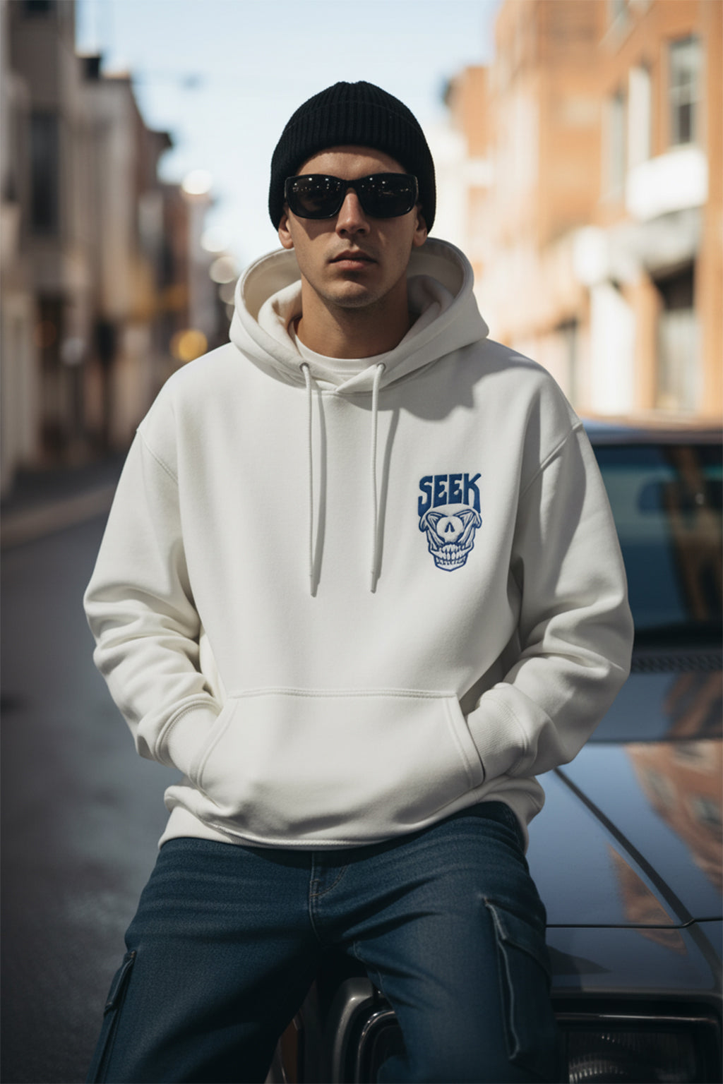 Seek Off-White Oversized Pocket Graphic Printed Hoodie