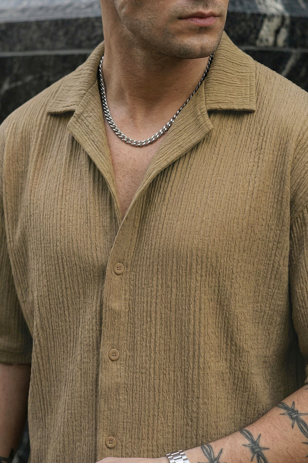Khaki Textured Plain Oversized Exclusive Shirt