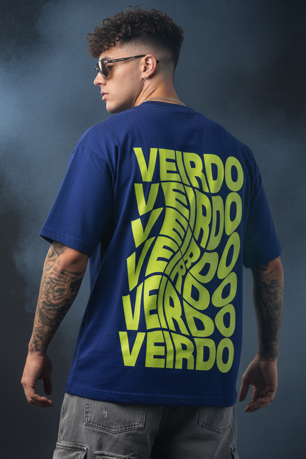 Veirdo Blue Oversized Back Graphic Printed T-shirt