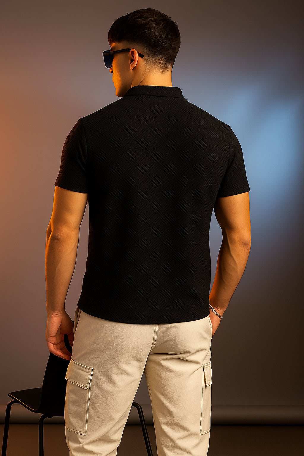 Black Jacquard Plain Regular Fit Zipper Polo T-shirt