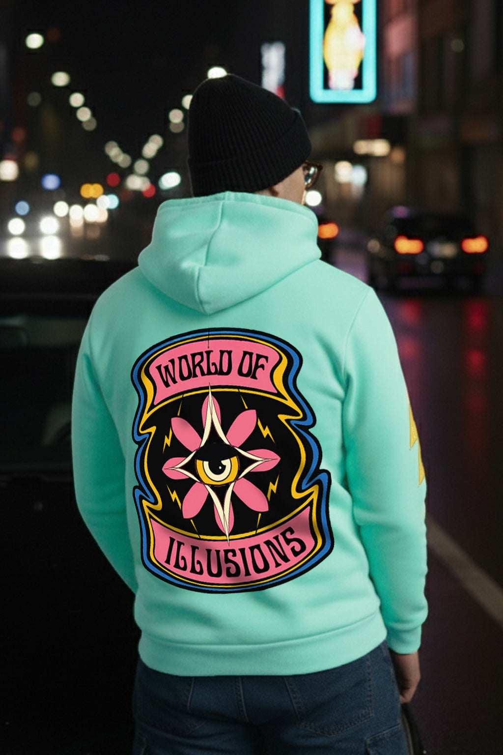 World of Illusion Green Back Printed Regular Fit Hoodie