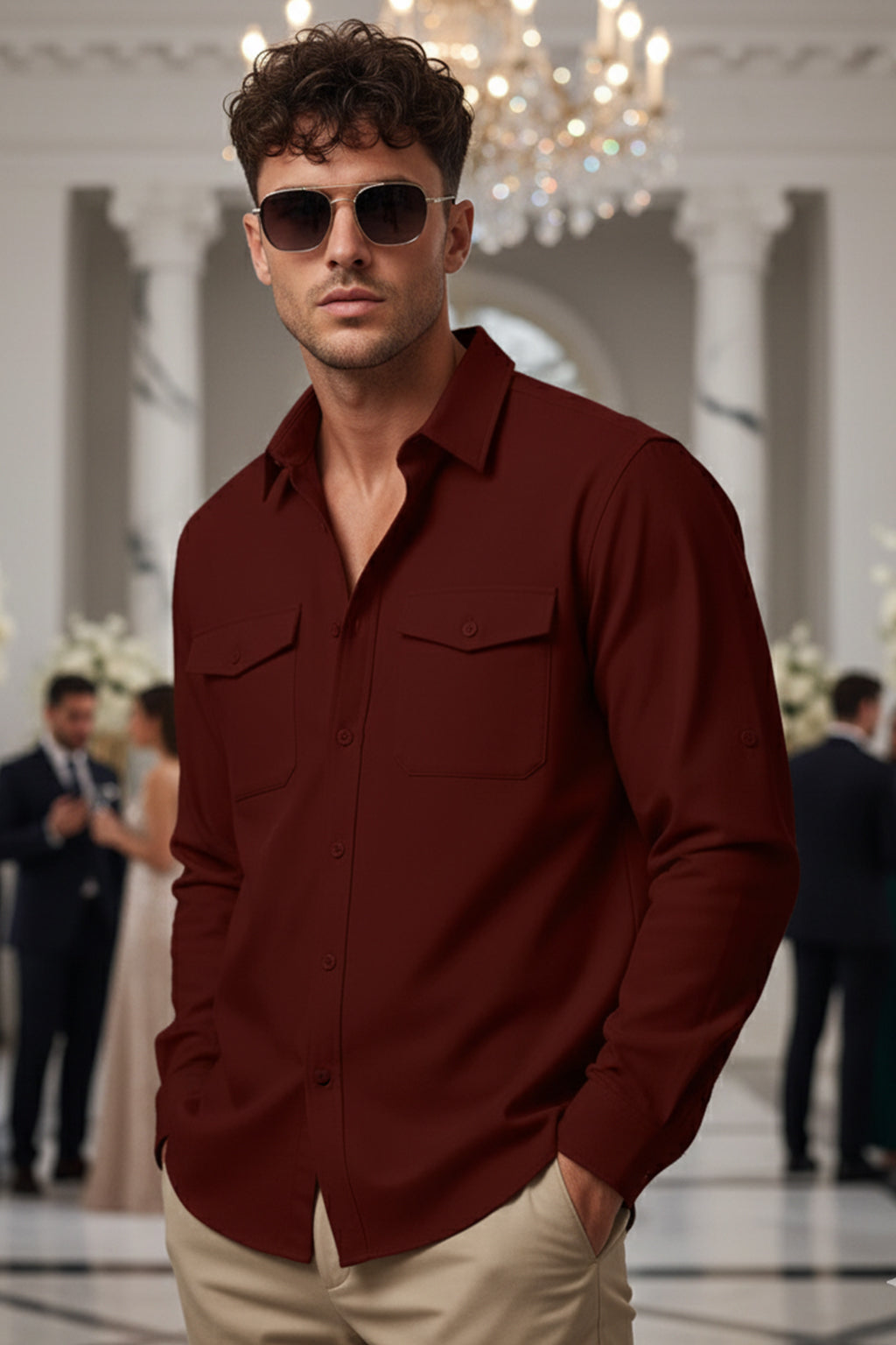 Maroon Plain Relaxed Fit Full Sleeve Dual Pocket Utility Exclusive Shirt