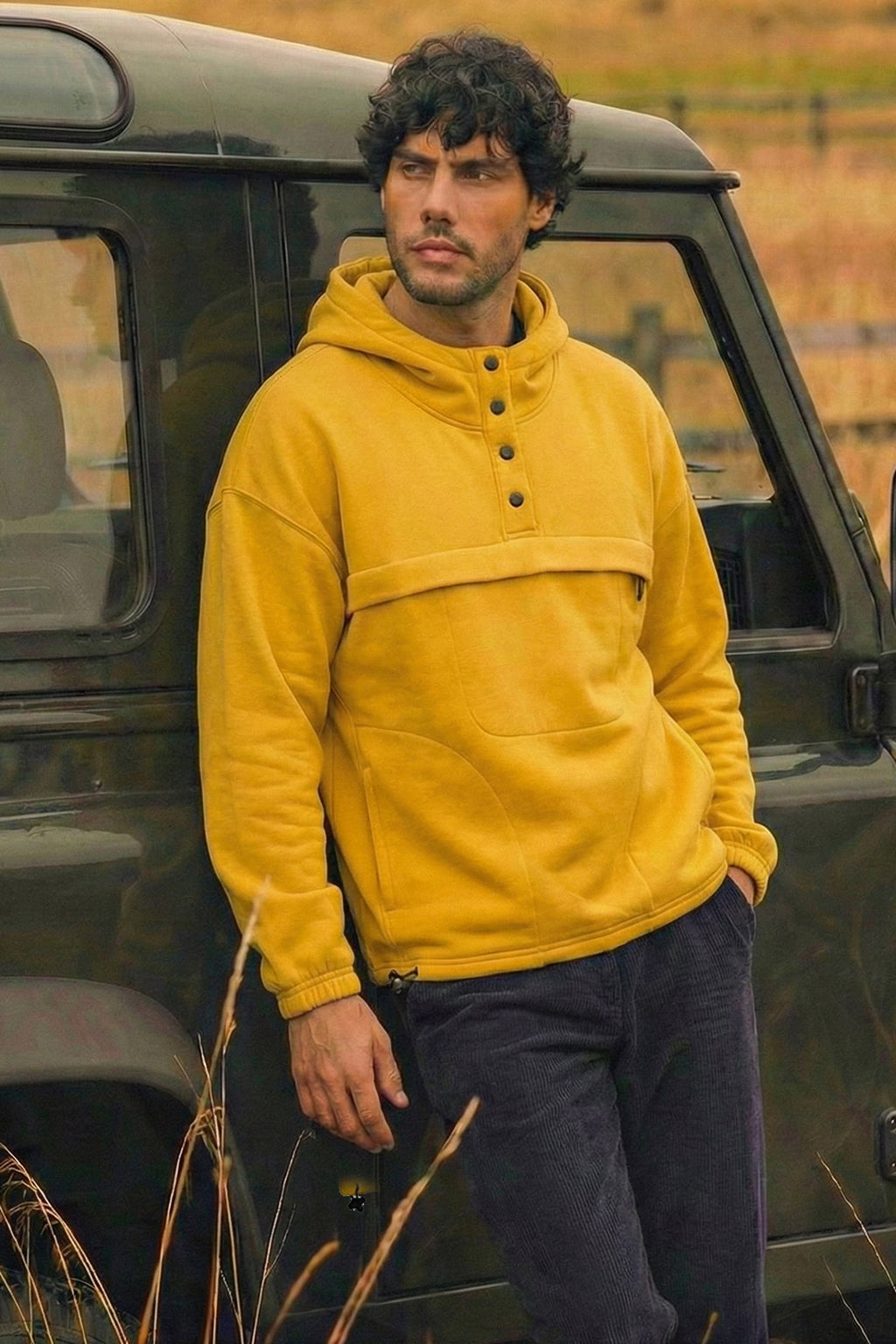 Veirdo Mustard Oversized Plain Button-Neck Pullover Hoodie