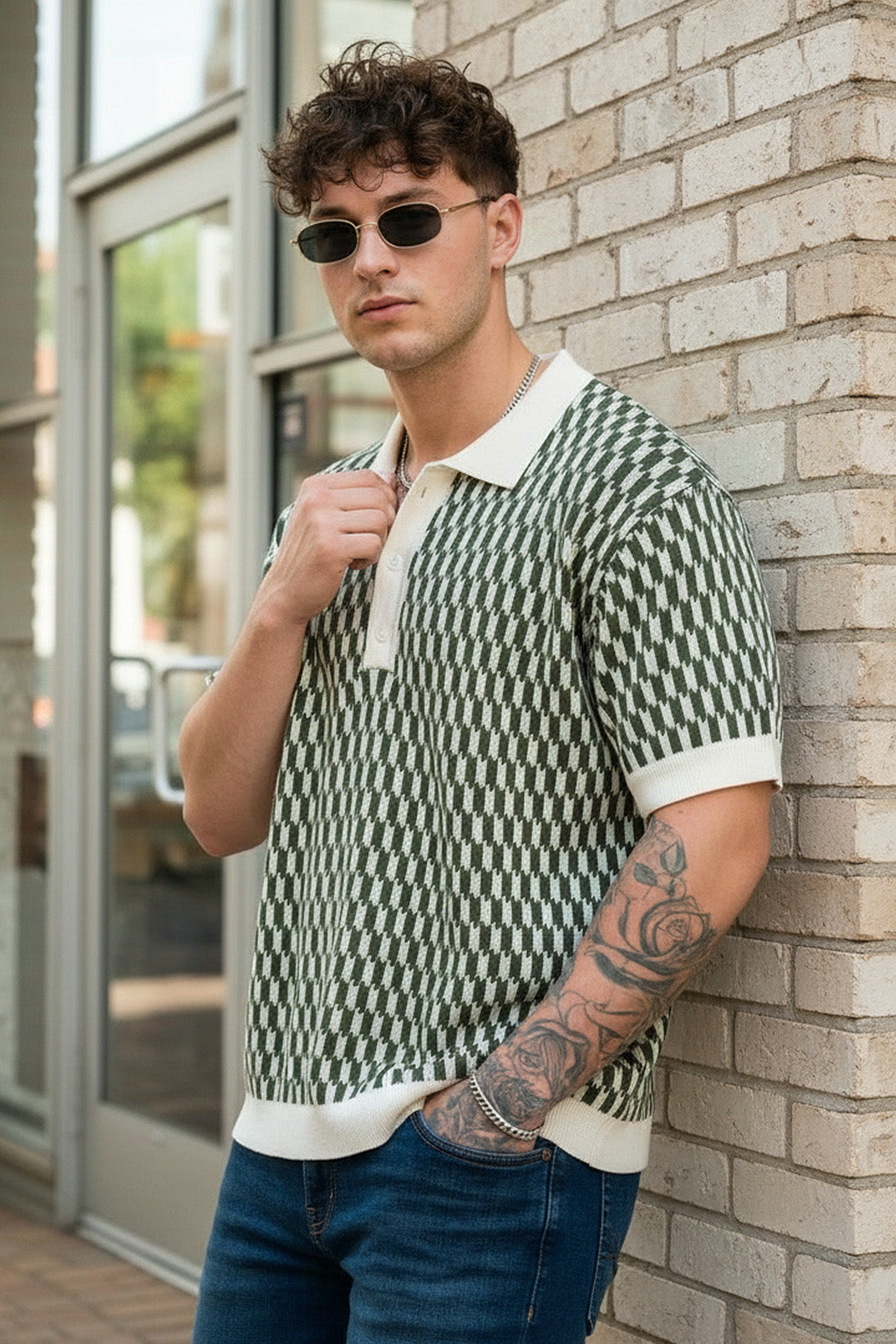 Monarch Pattern Green Flatknit Textured Boxy Fit Exclusive Polo T-Shirt