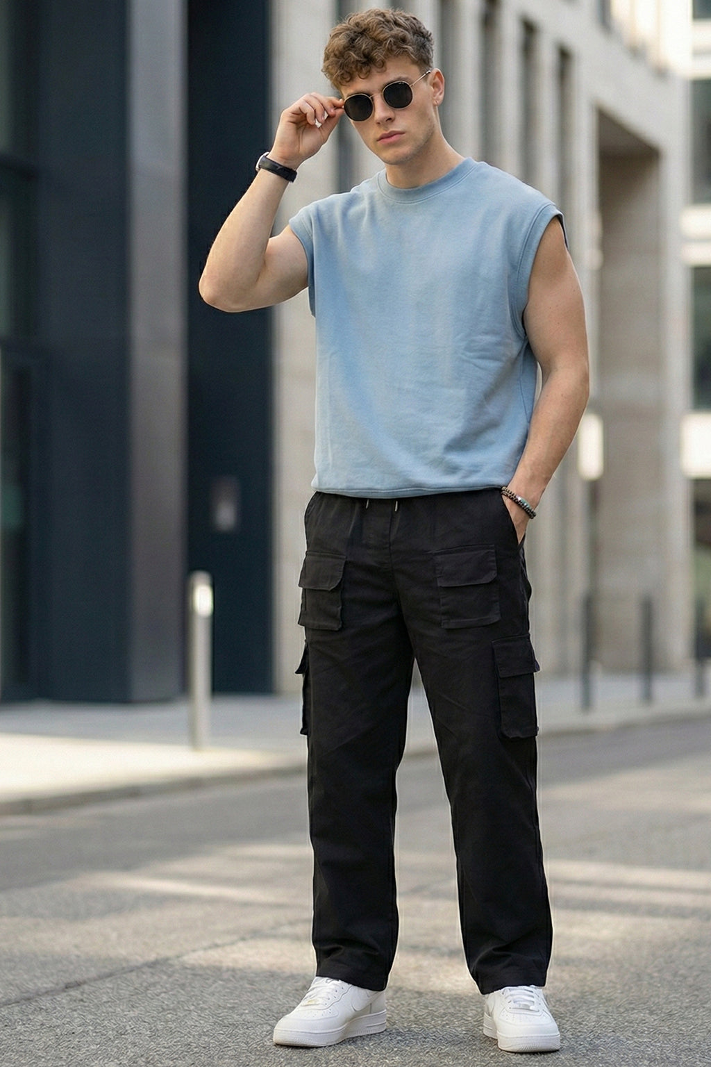 Black Pure Cotton Baggy Fit 6 Pocket Cargo