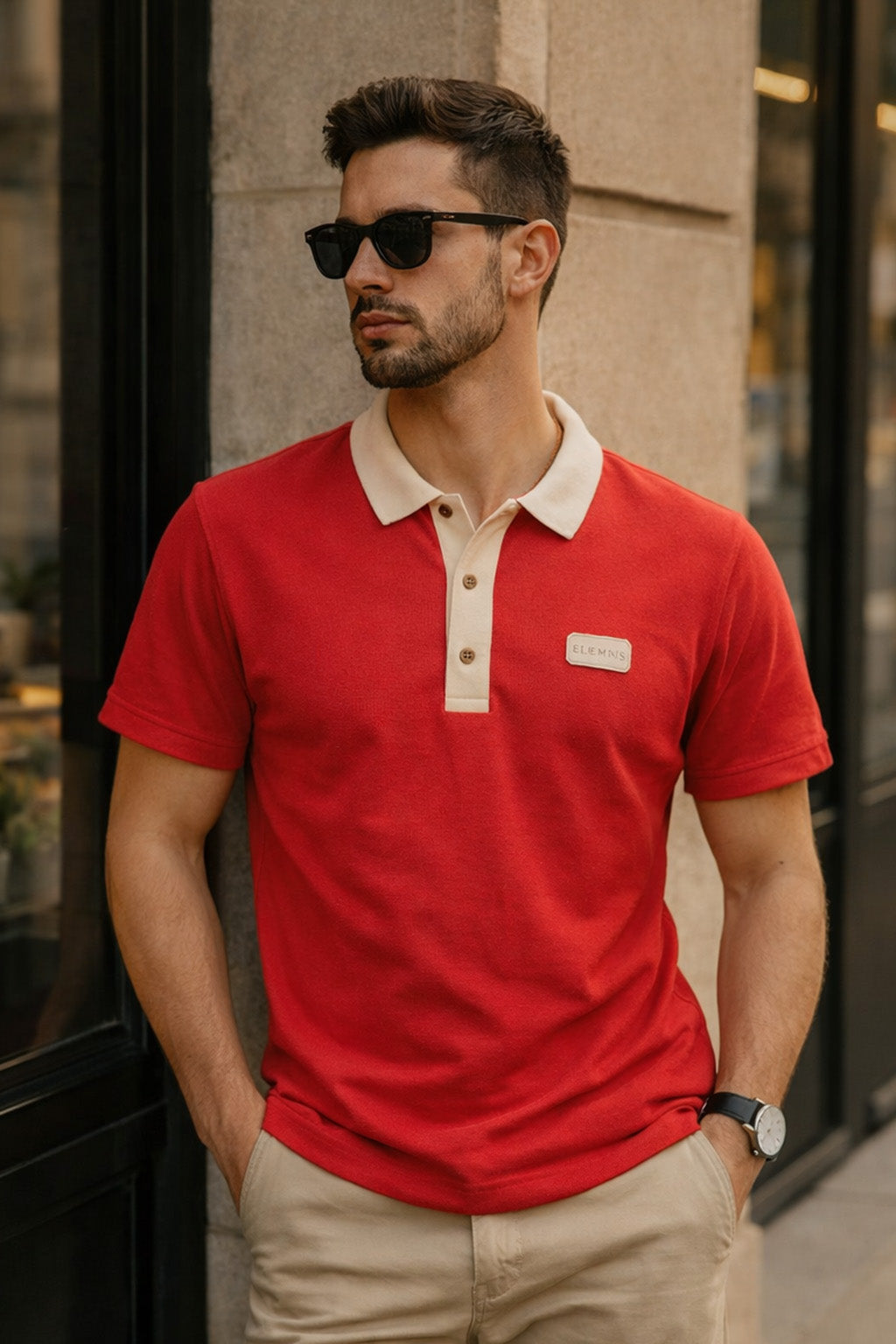 Red Contrast Collar Economic Regular Fit Pique Polo