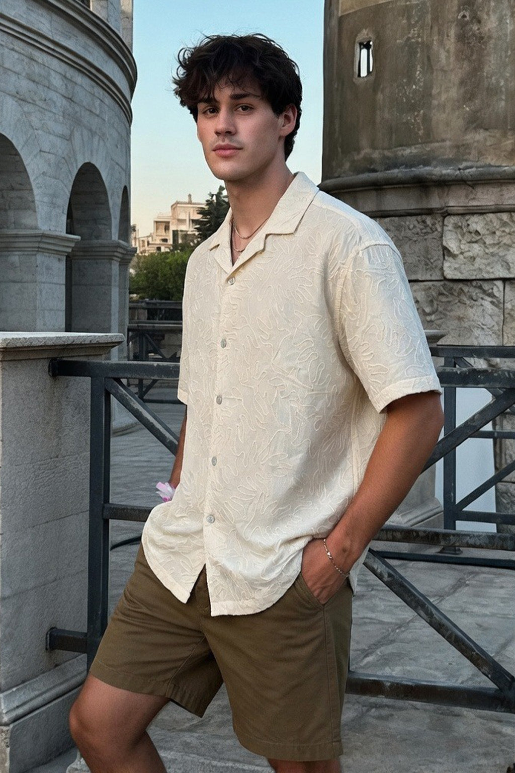 Pearl Embroidery Beige All Over Printed Oversized Exclusive Shirt