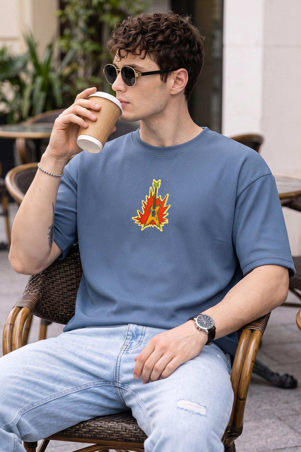 Guitar Olive Moss Oversized Textured T-shirt