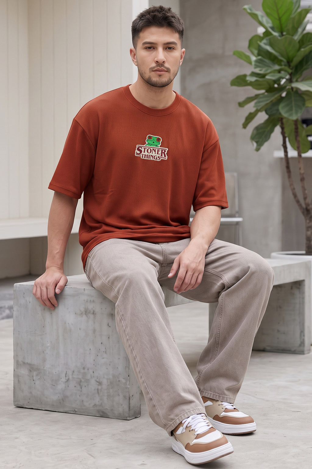 Stoner Things Red Oversized Textured T-shirt