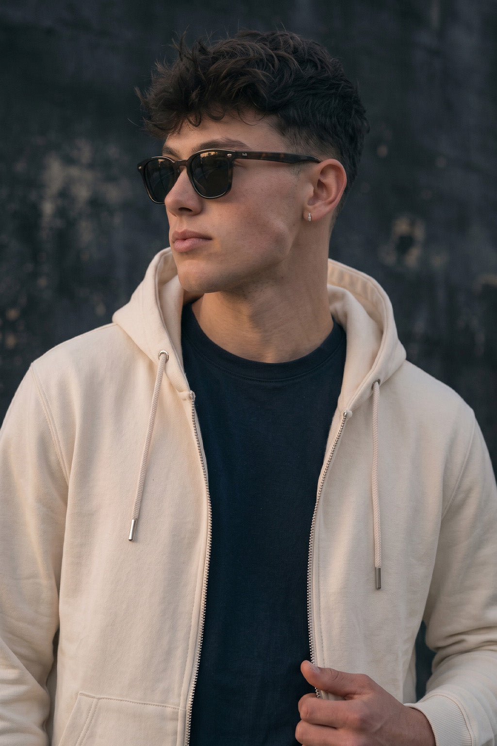 Beige Ribbed Cuff Regular Fit Zip-Up Hoodie
