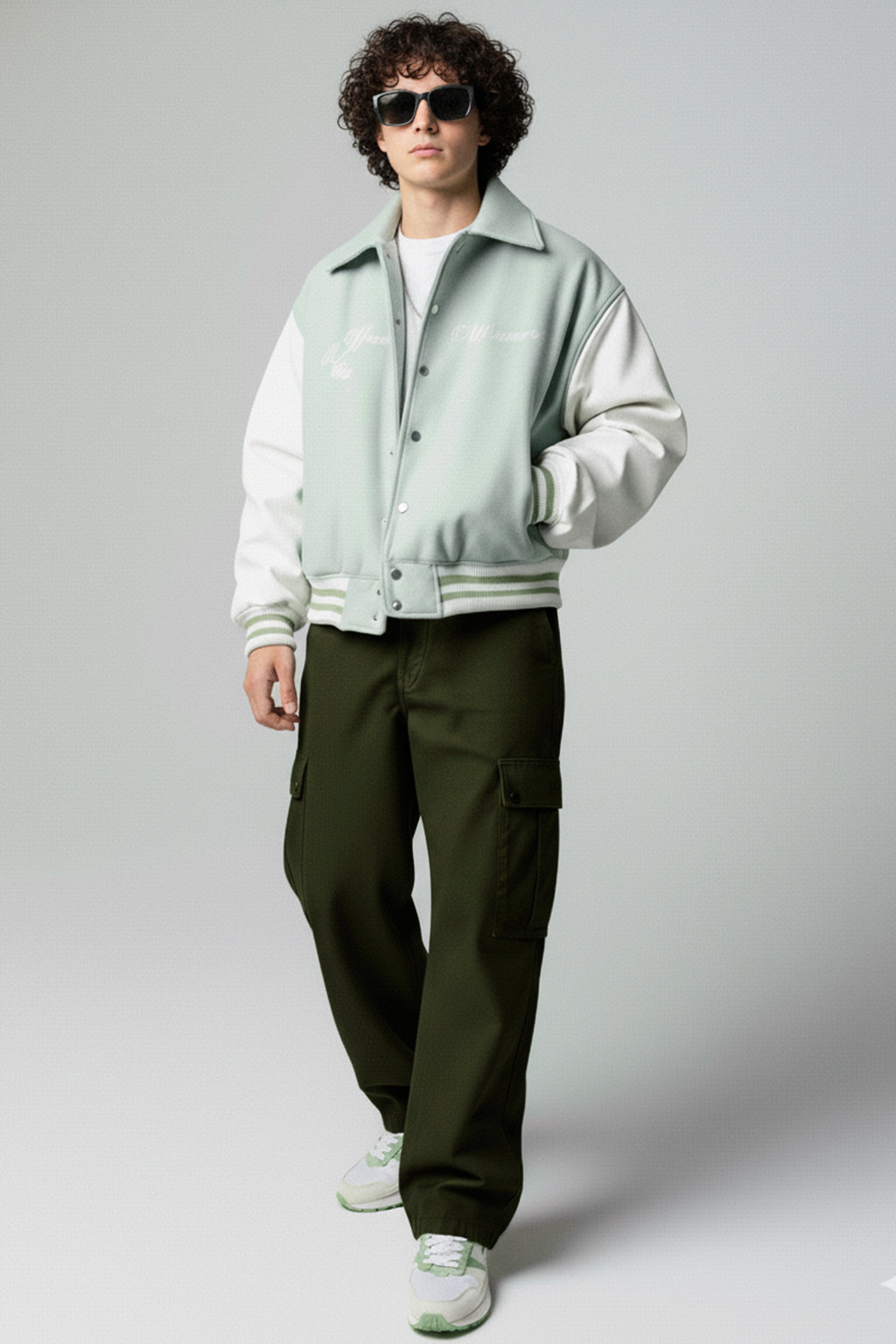 Olive Cut-n-sew Panel Woven Exclusive Cargo Pants with Rivets & Turn-up Hem