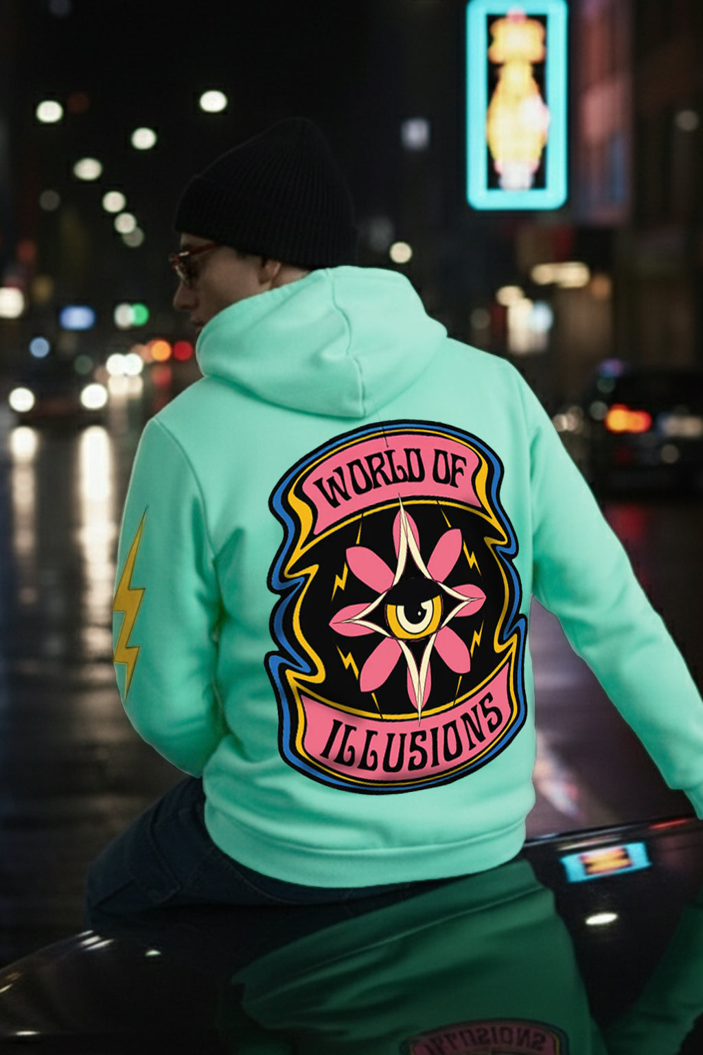 World of Illusion Green Back Printed Regular Fit Hoodie