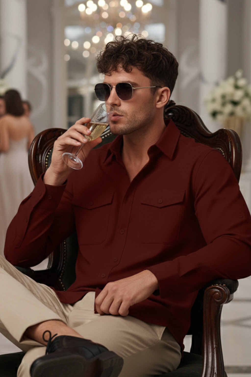 Maroon Plain Relaxed Fit Full Sleeve Dual Pocket Utility Exclusive Shirt