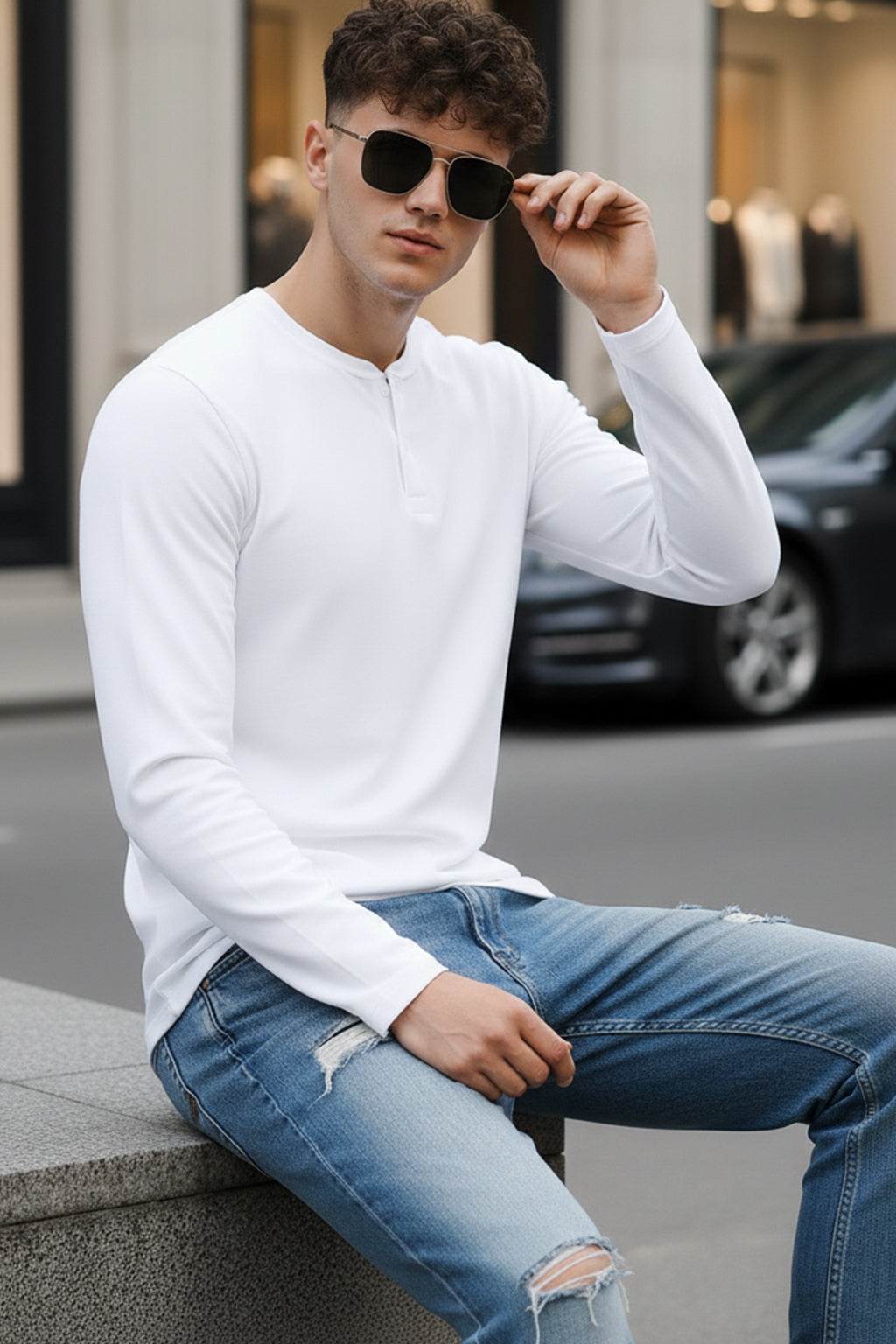 Henley White Solid T-shirt