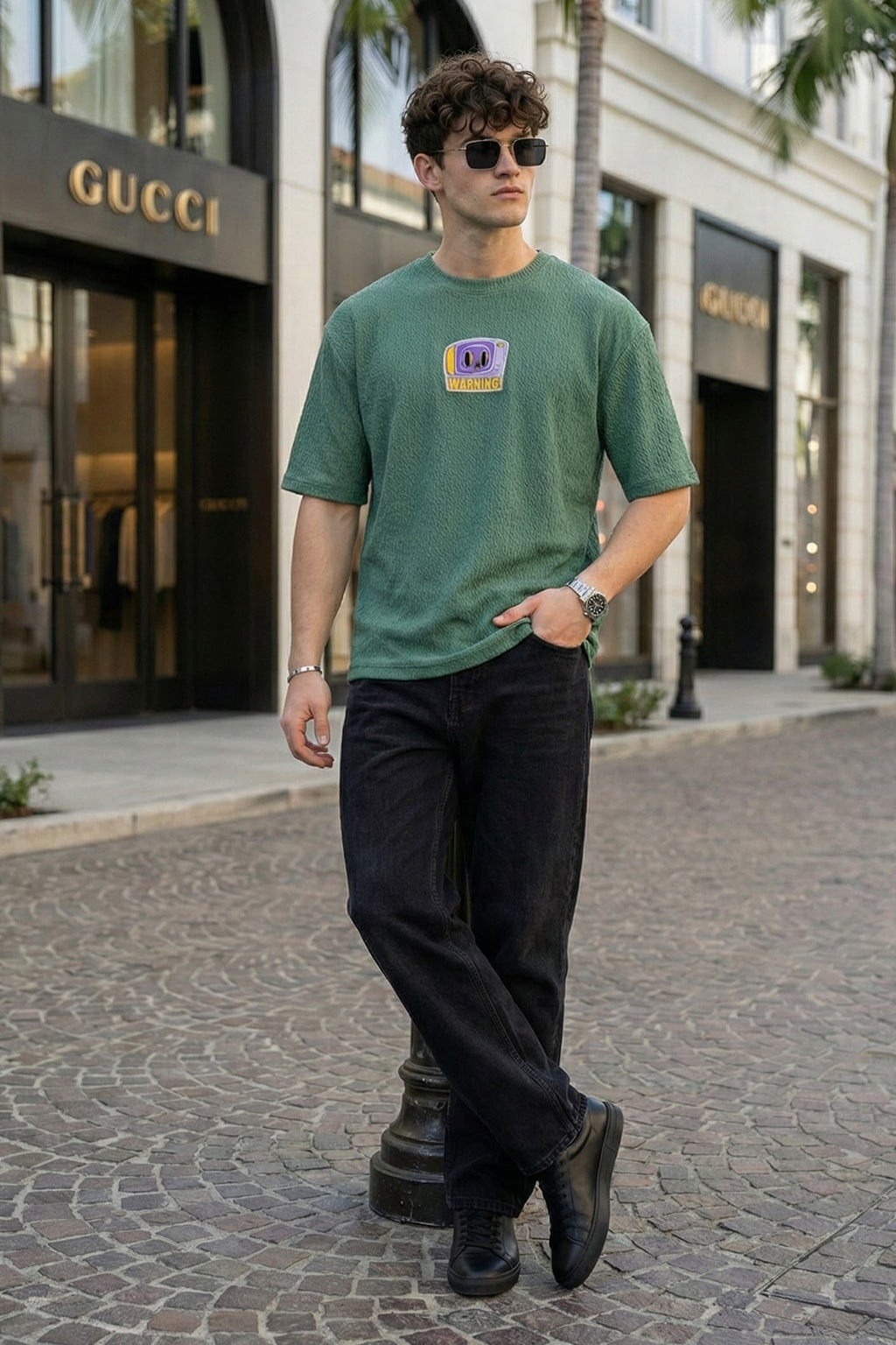 Warning Green Oversized Textured Exclusive T-shirt