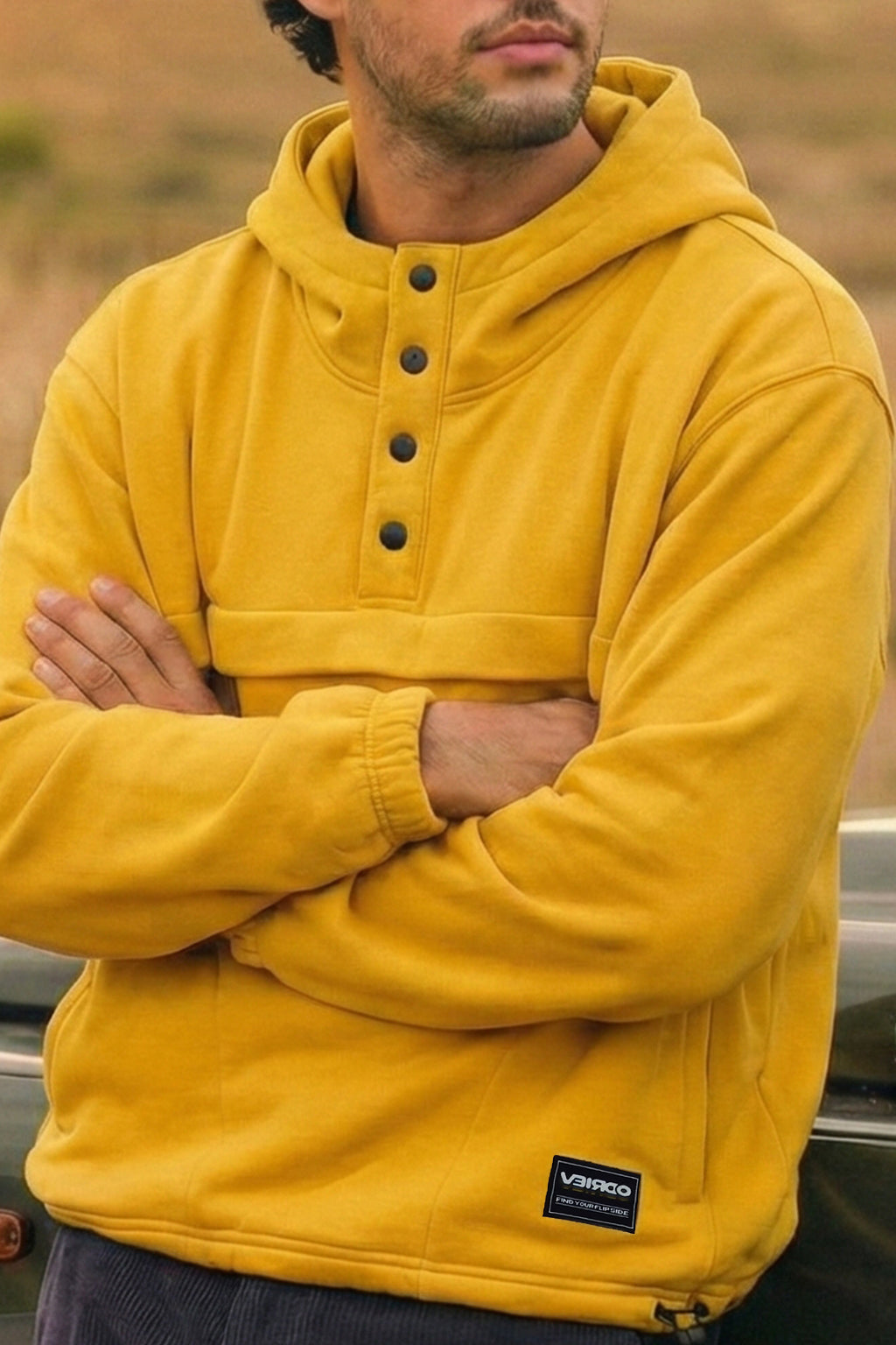 Veirdo Mustard Oversized Plain Button-Neck Pullover Hoodie
