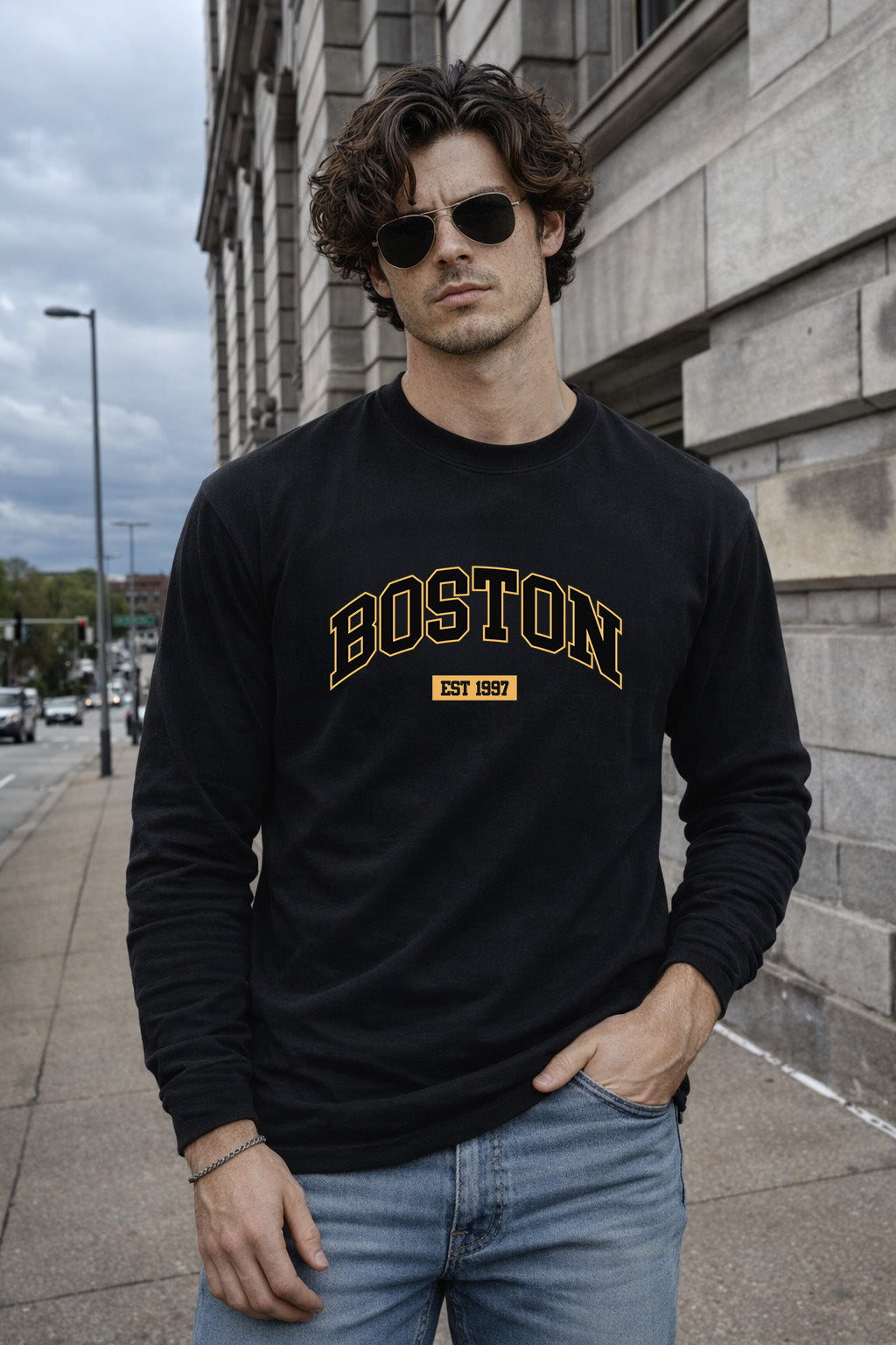 Boston Black Full Sleeves Regular Fit Printed T-shirt