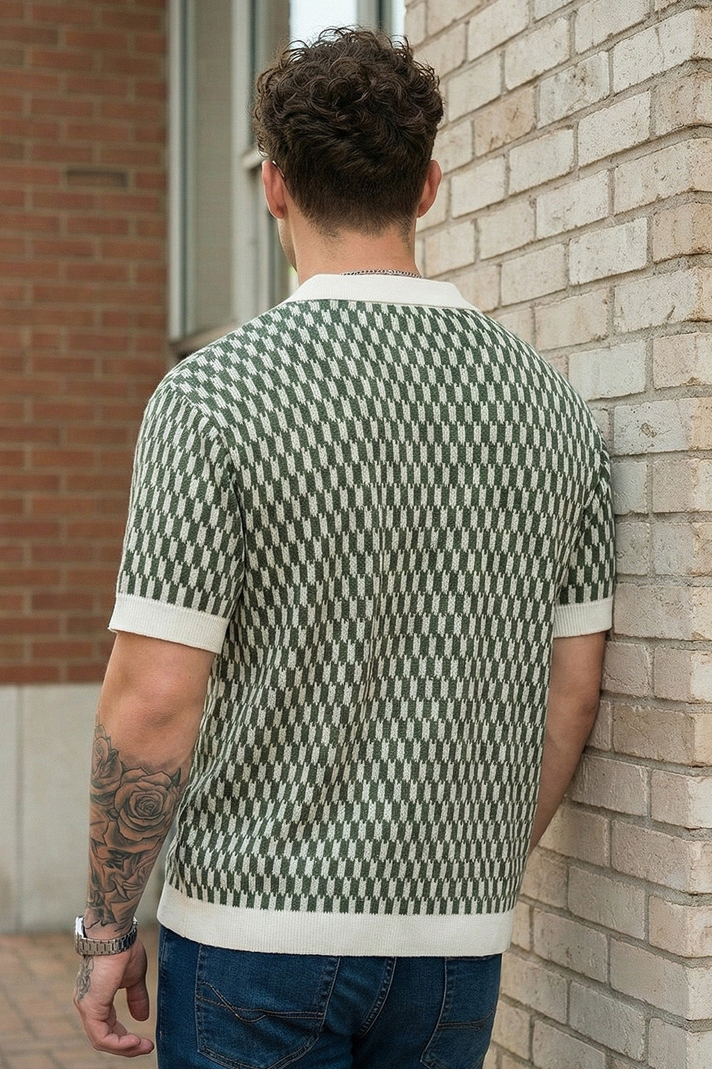 Monarch Pattern Green Flatknit Textured Boxy Fit Exclusive Polo T-Shirt