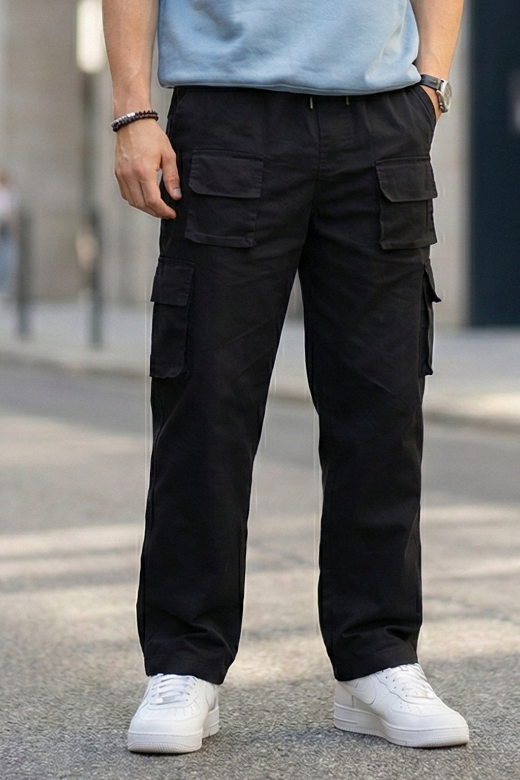 Black Pure Cotton Baggy Fit 6 Pocket Cargo