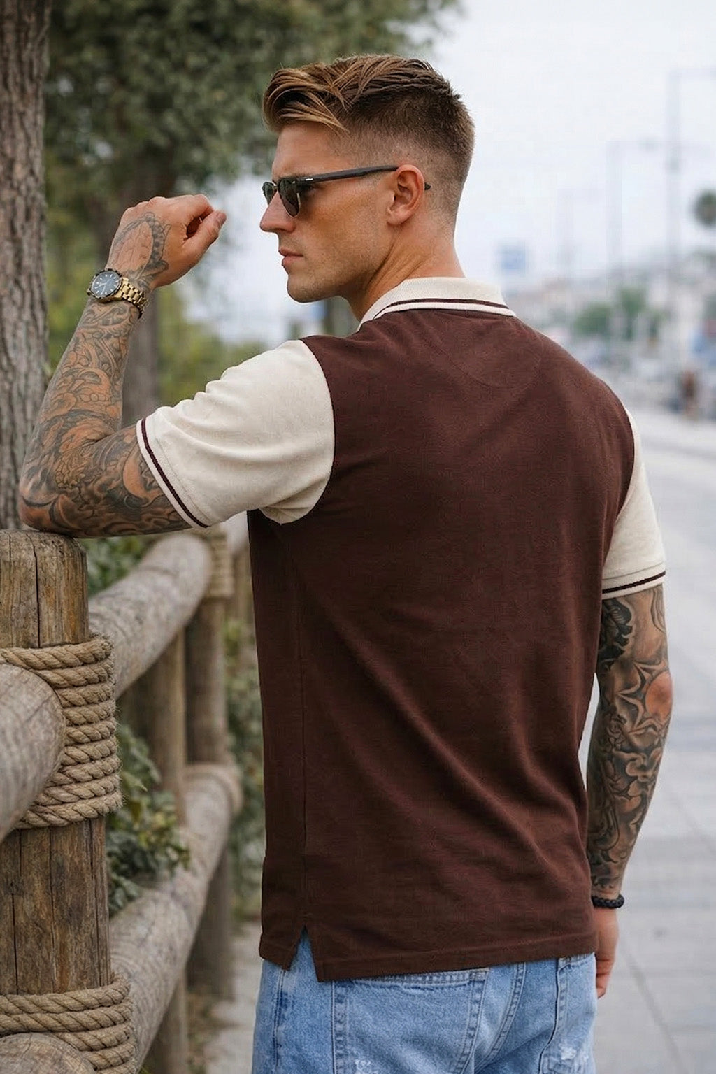 Guitar Brown Contrast Stripped Collar Economic Regular Fit Pique Polo