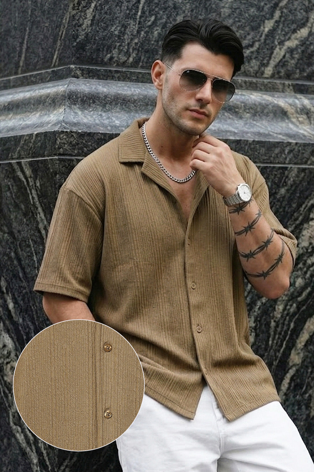 Khaki Textured Plain Oversized Exclusive Shirt