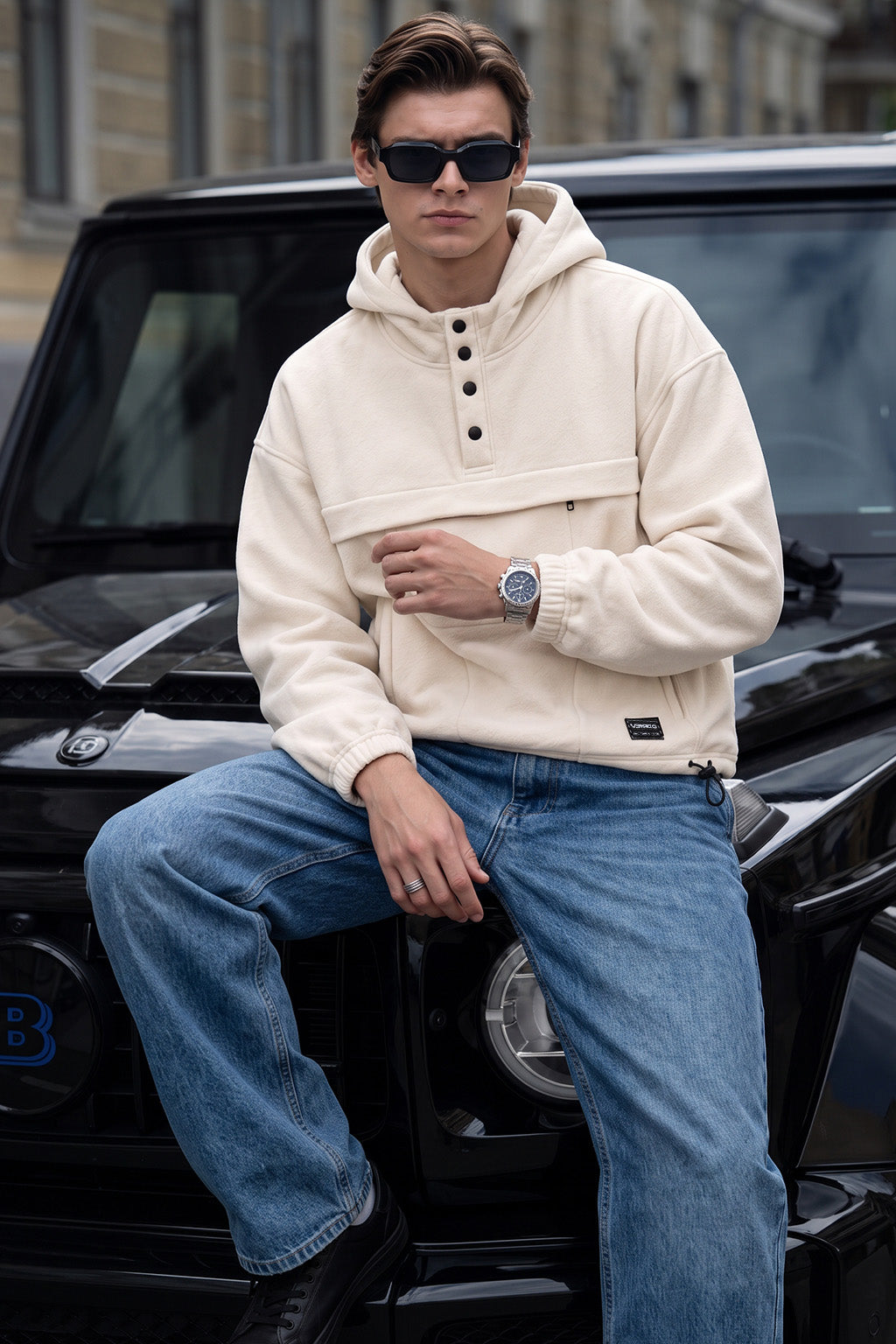 Veirdo Marshmallow Oversized Plain Button-Neck Pullover Hoodie