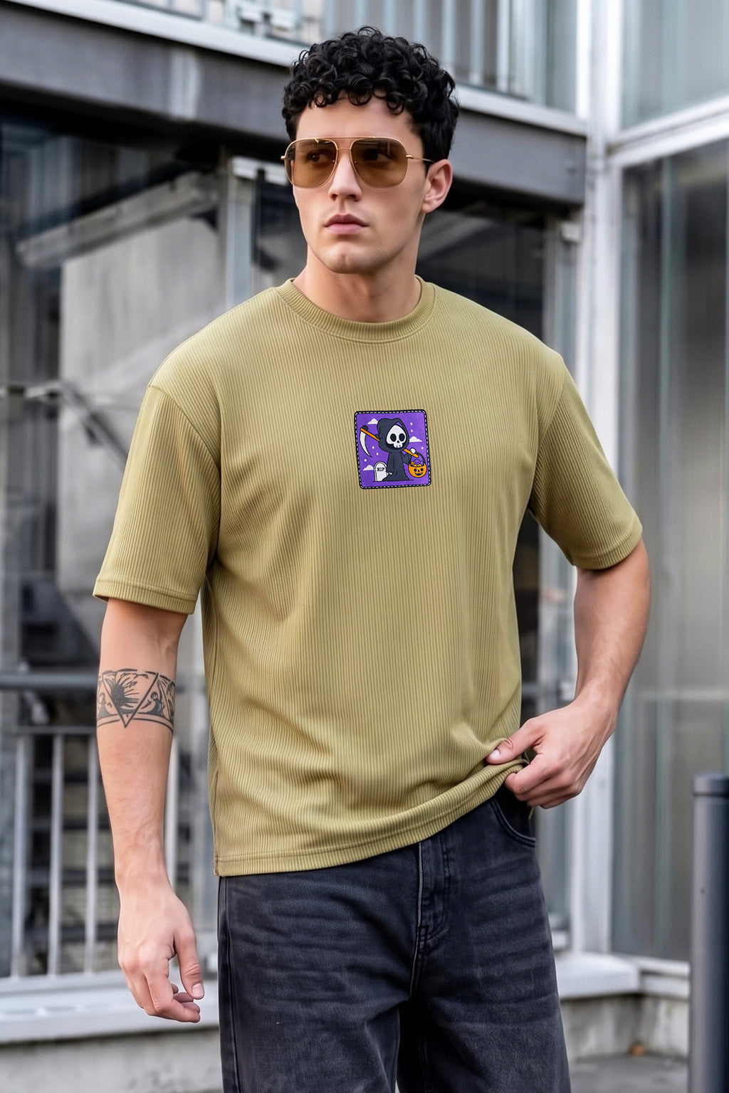 Rebel Skull Olive Moss Oversized Textured T-shirt