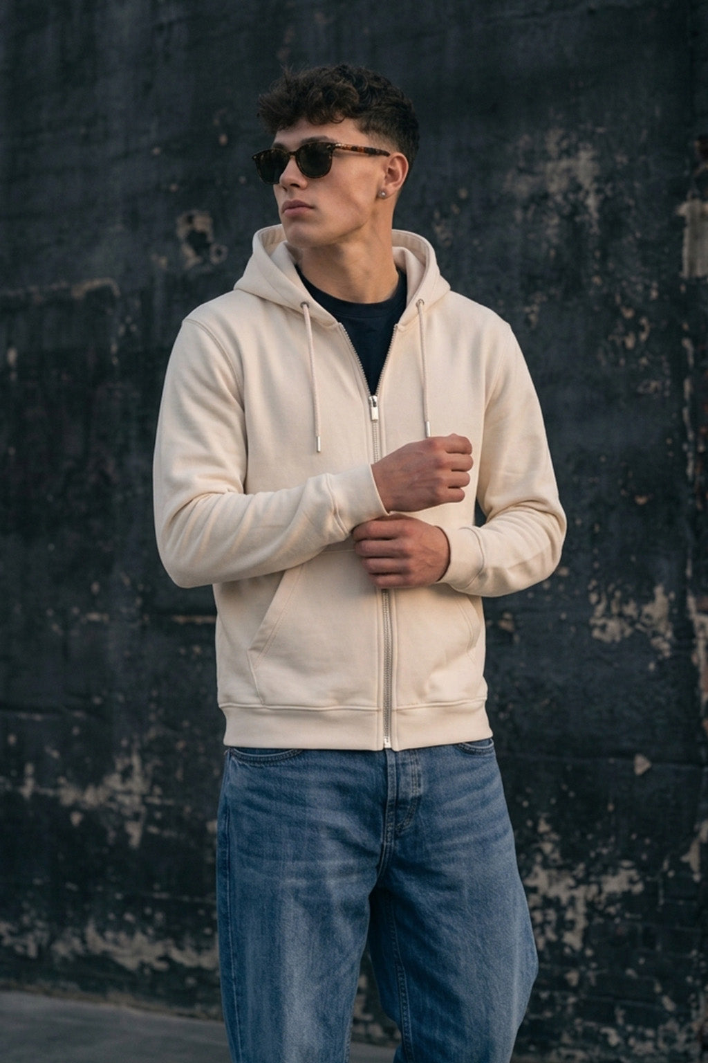 Beige Ribbed Cuff Regular Fit Zip-Up Hoodie