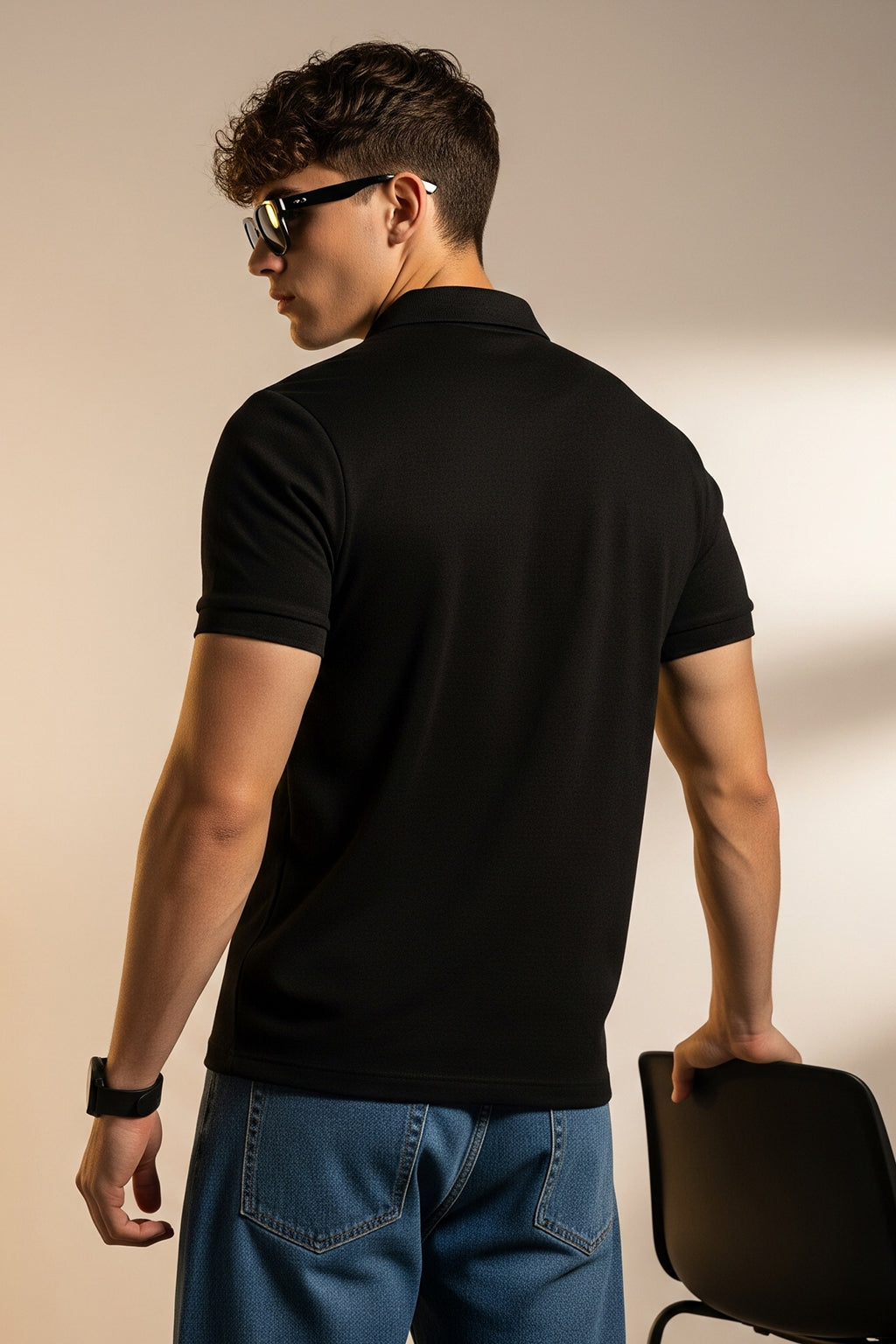 Black Plain Cotton Regular Fit Polo T-shirt