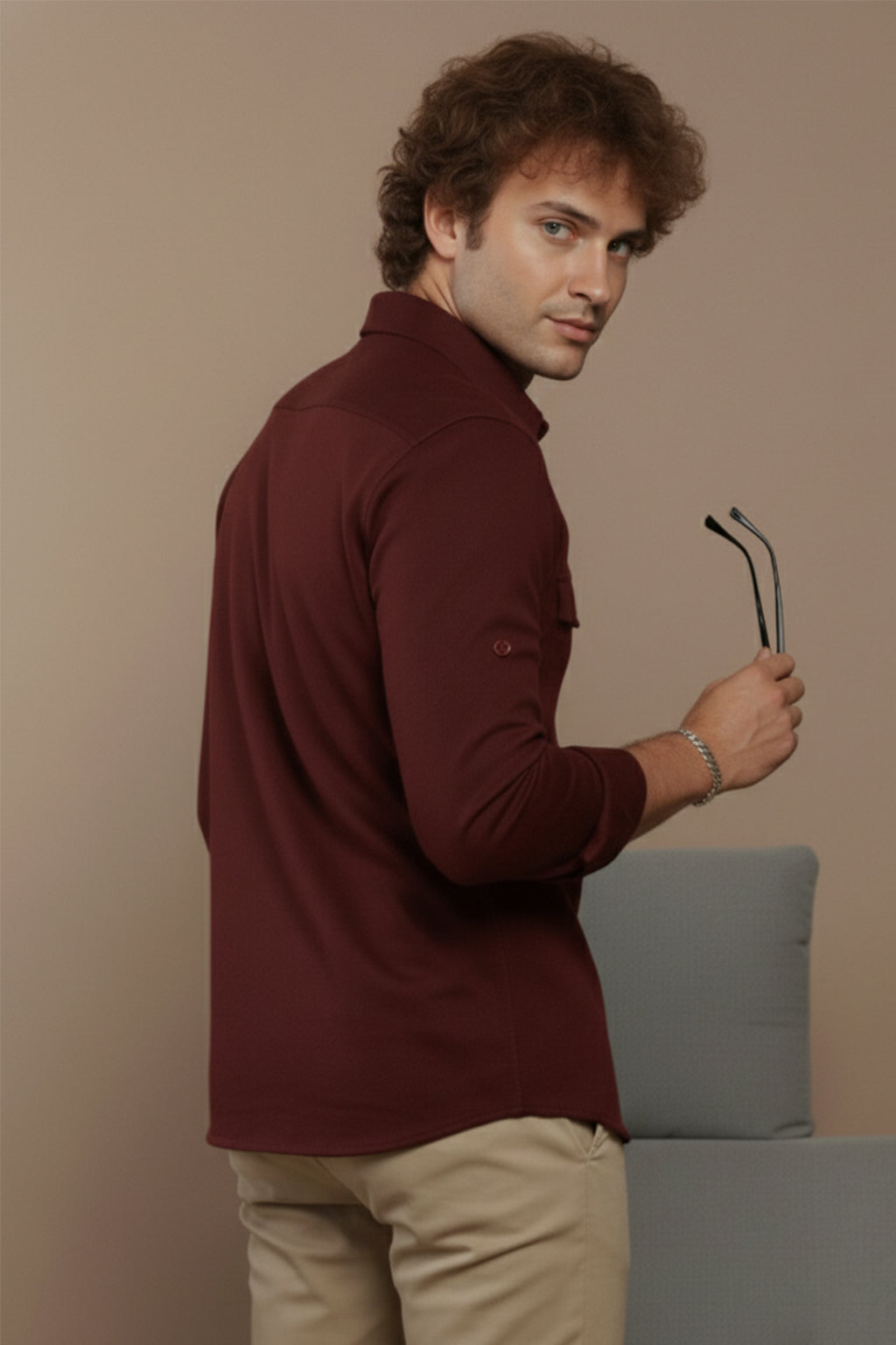 Maroon Plain Relaxed Fit Full Sleeve Dual Pocket Utility Exclusive Shirt