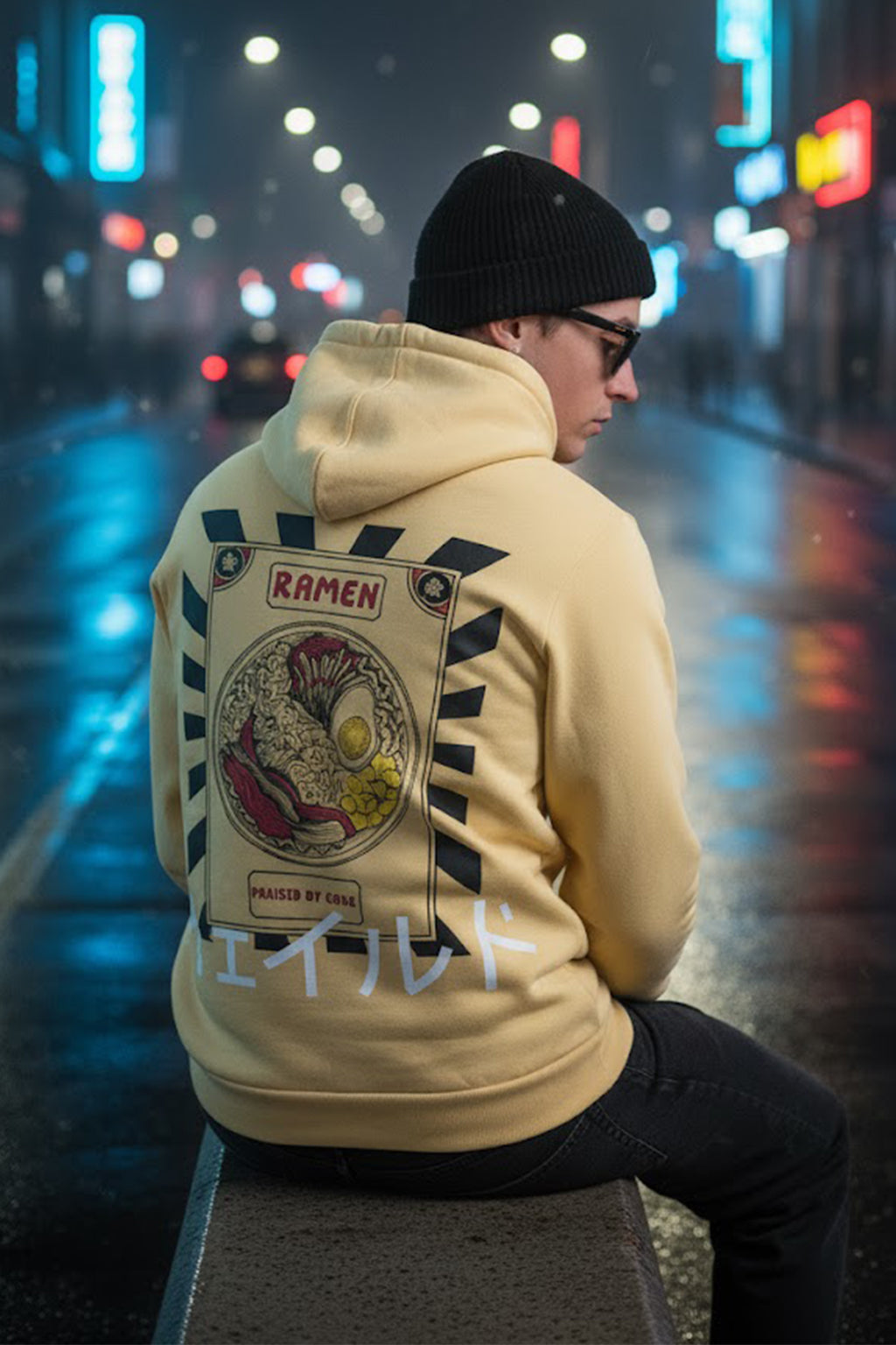 Ramen Beige Regular Fit Back Printed Hoodie