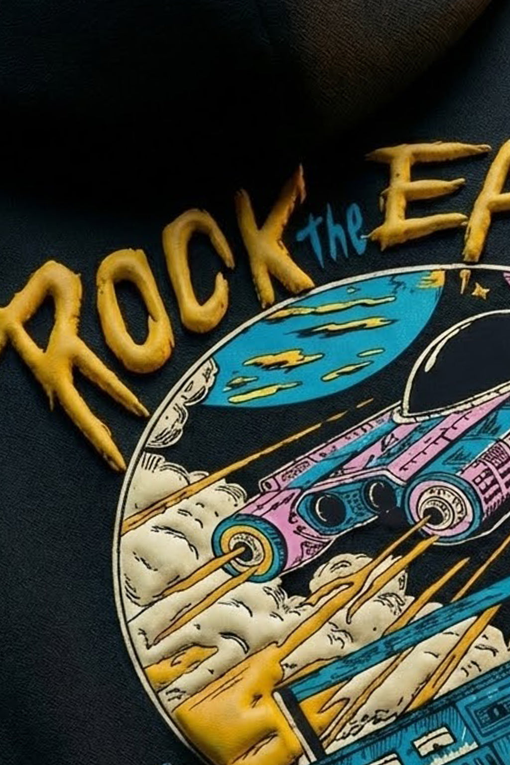 Rock The Earth Black Oversized Puff Printed Exclusive Hoodie