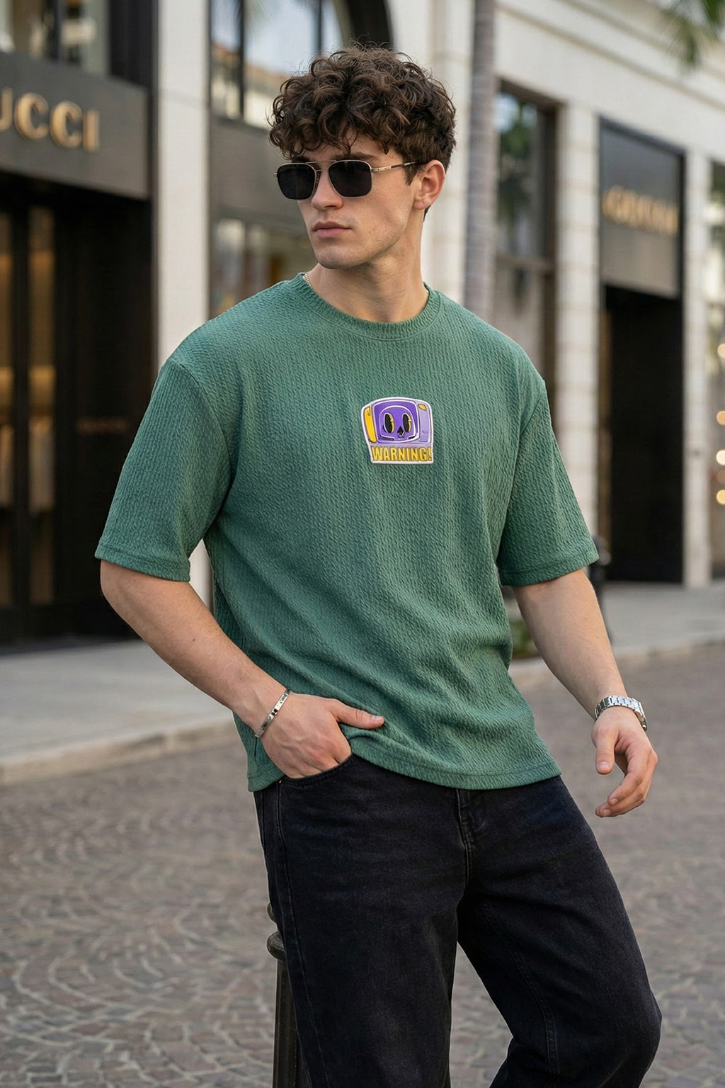Warning Green Oversized Textured Exclusive T-shirt